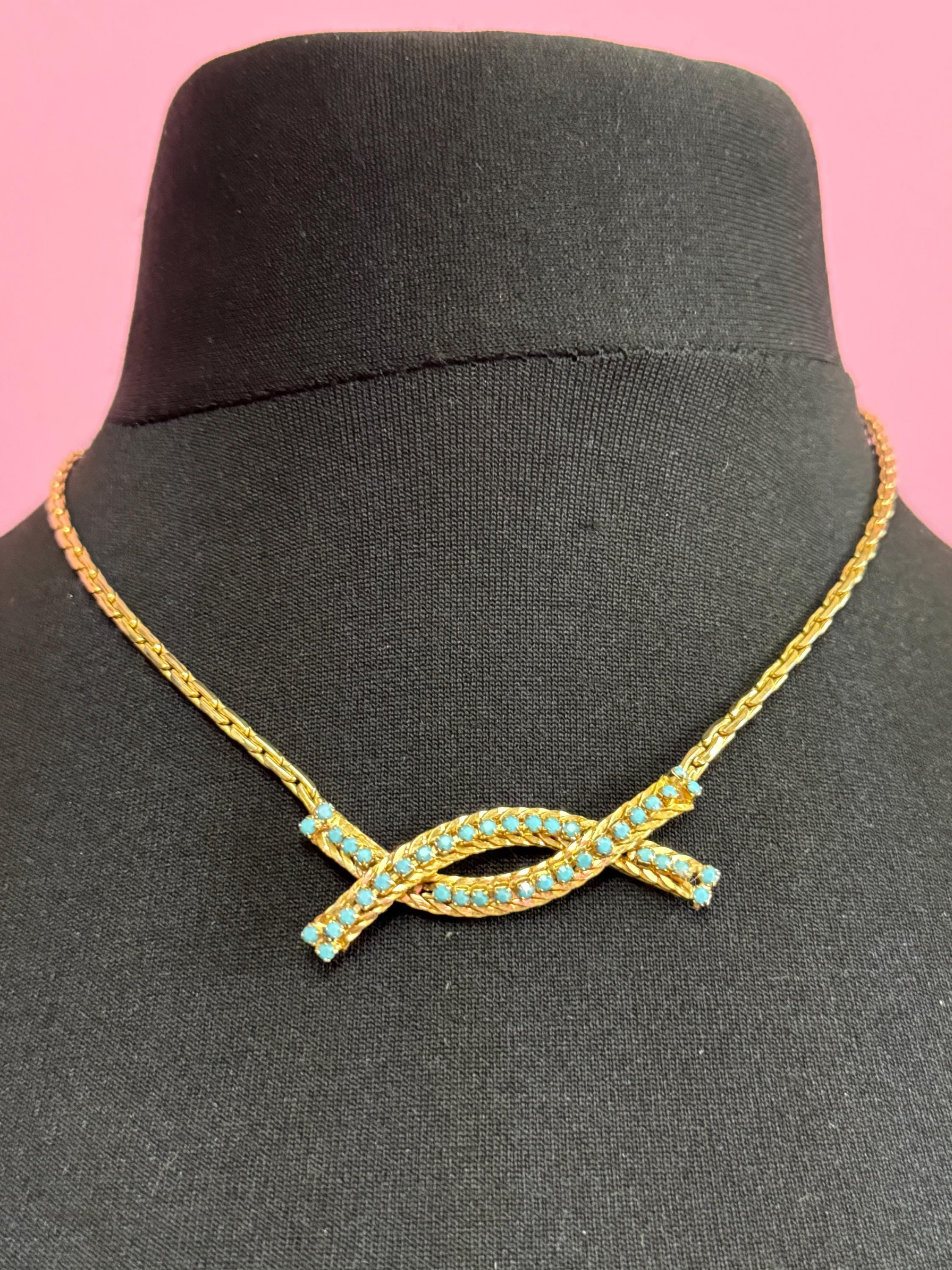 Vintage gold tone mesh collar necklace with turquoise glass paste stones