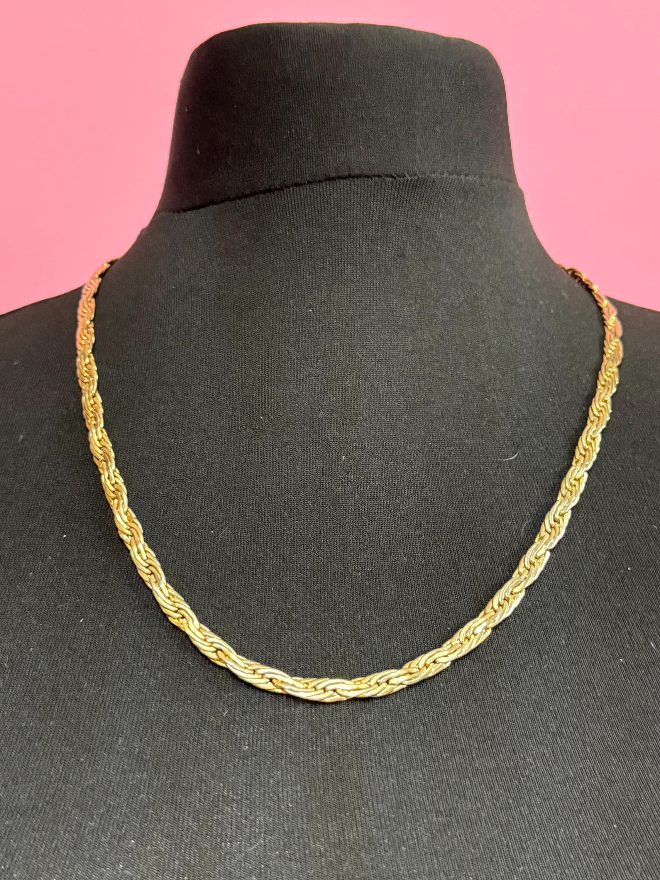 Vintage gold plated high end flat woven chain necklace 62cm