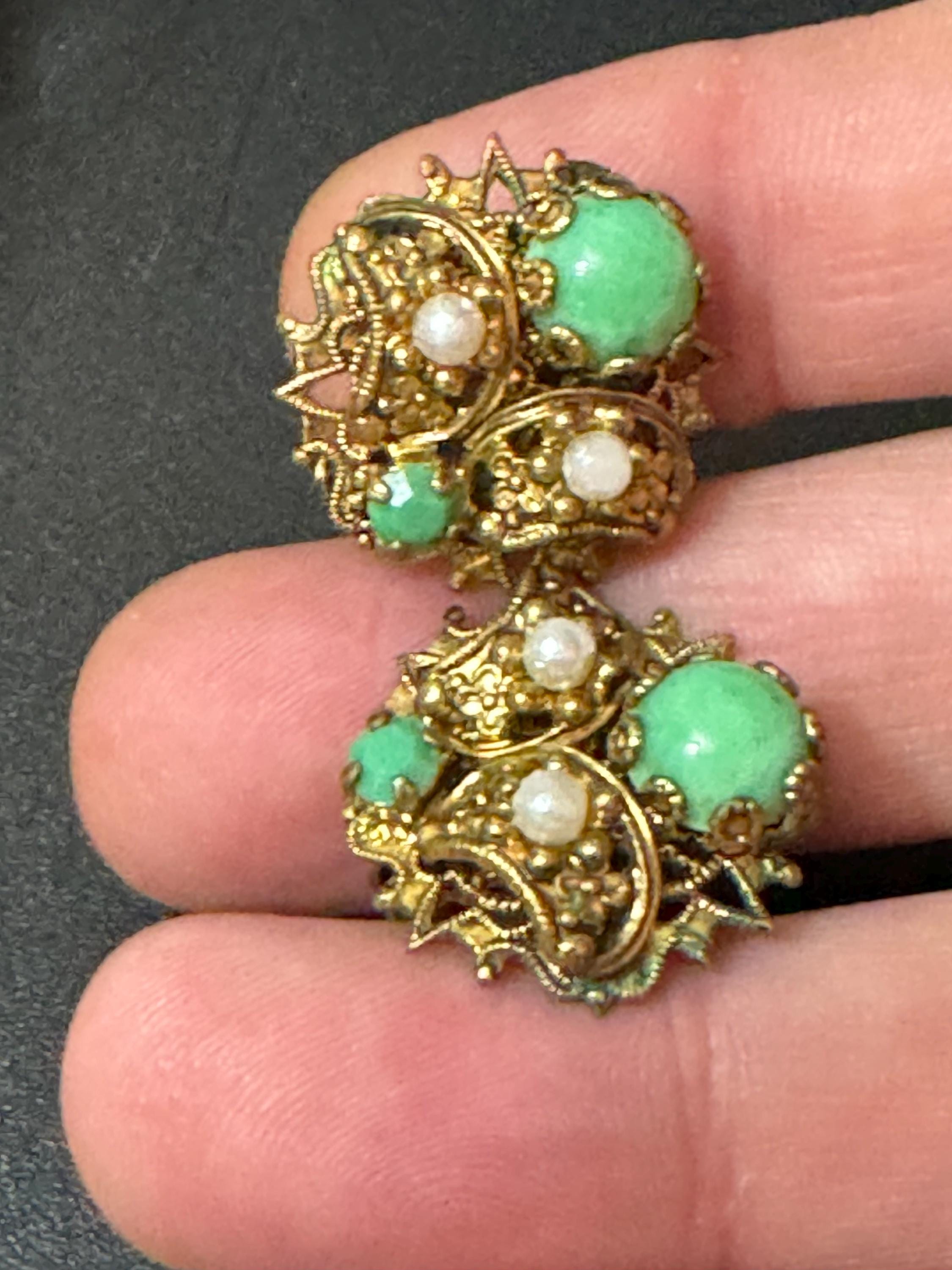 Vintage Czech Brass Filigree Clip On Earrings: Green Glass & Faux Pearl