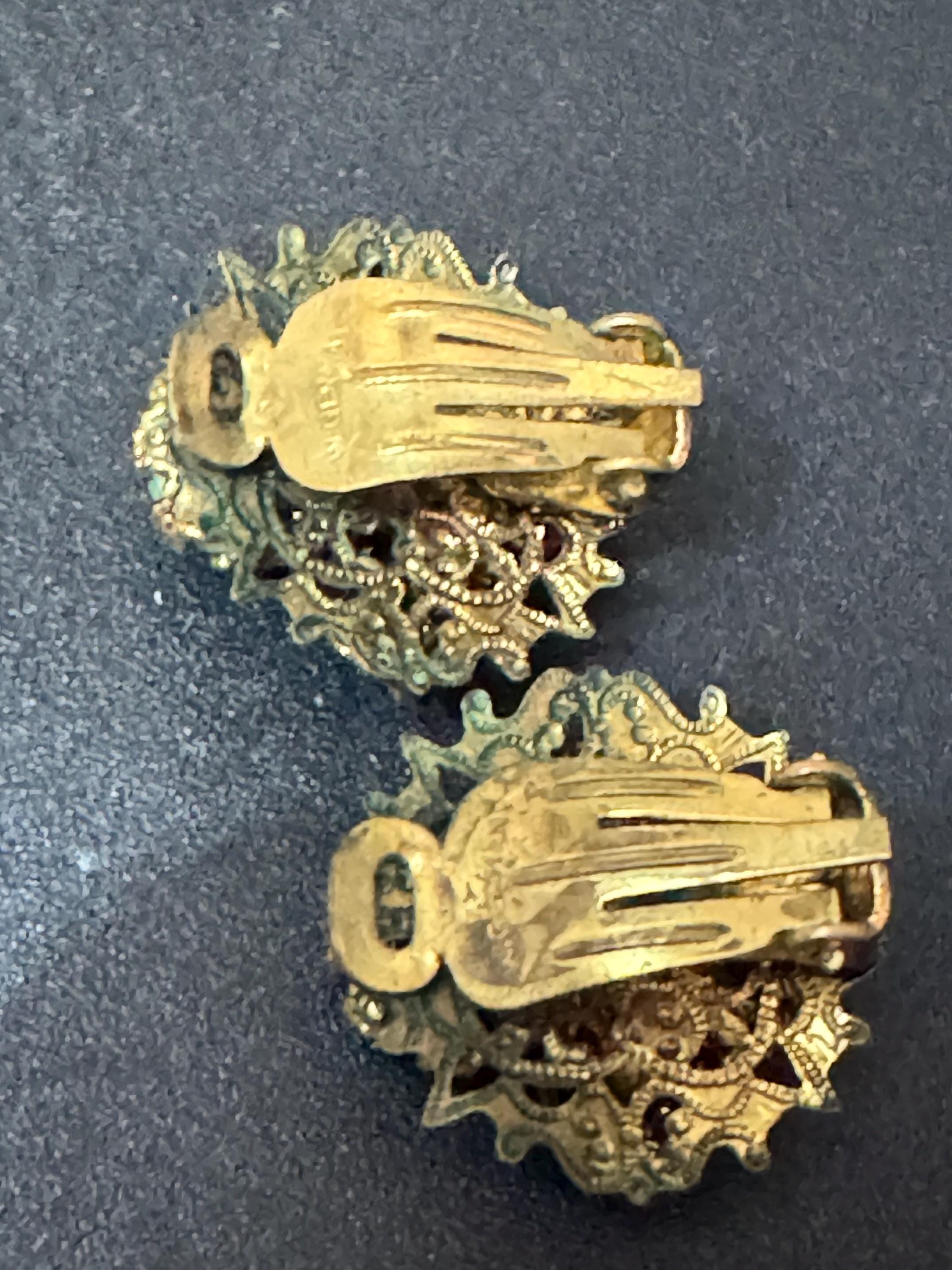 Vintage Czech Brass Filigree Clip On Earrings: Green Glass & Faux Pearl