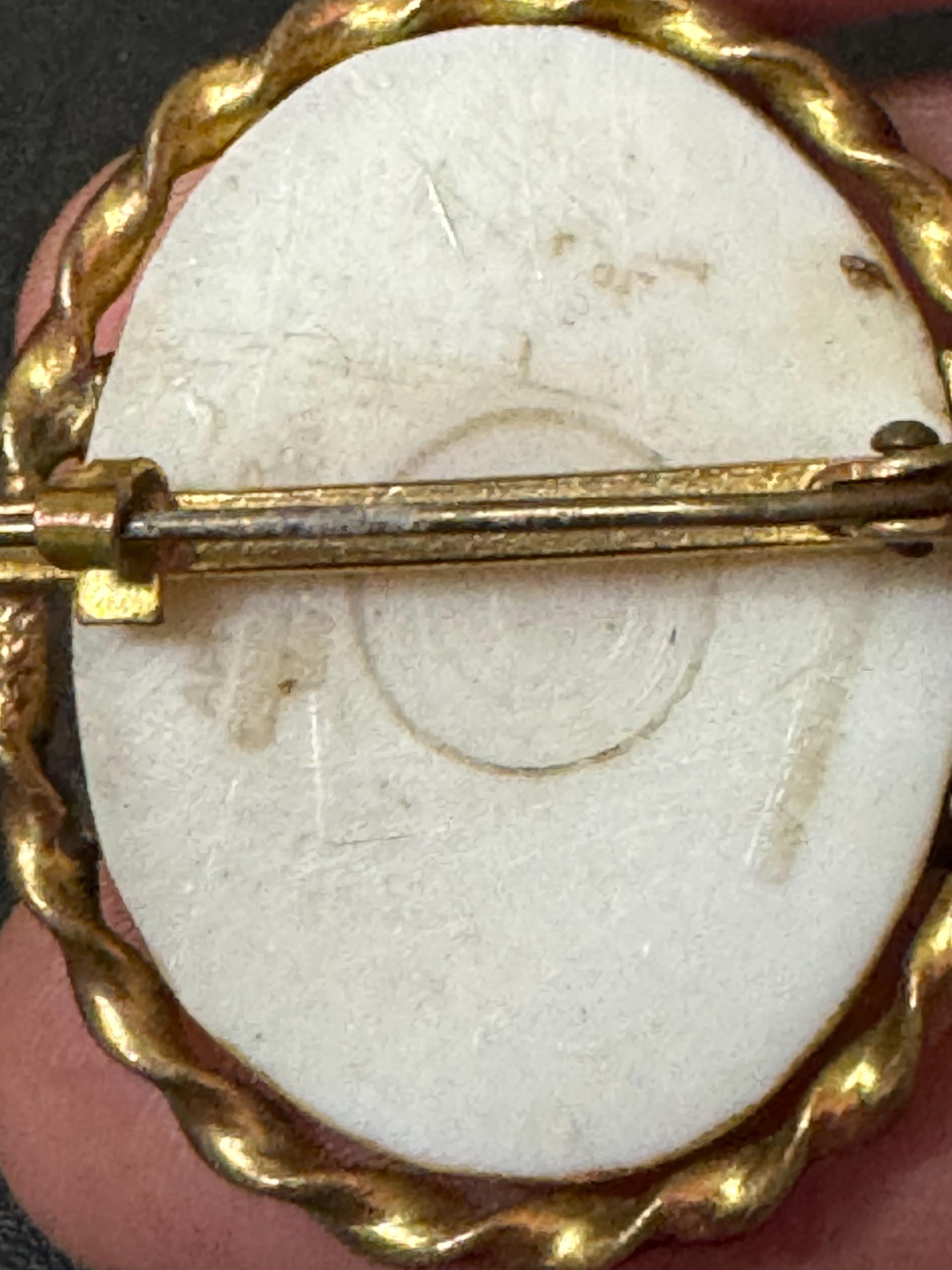 Vintage porcelain china large oval cameo brooch brown and cream