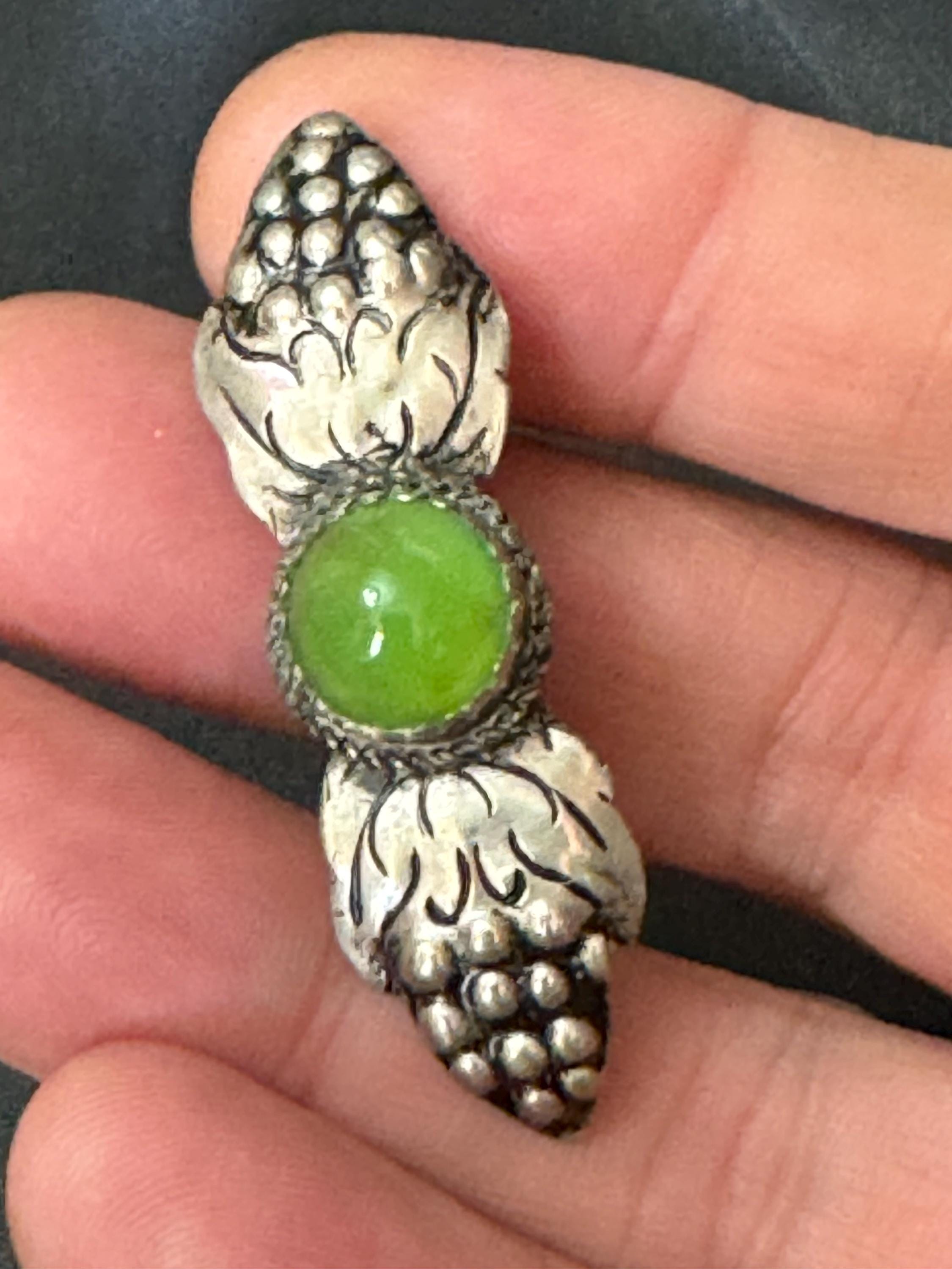 Czech silver tone stamped pressed floral leaf Brooch with Green gemstone chrysoprase Glass