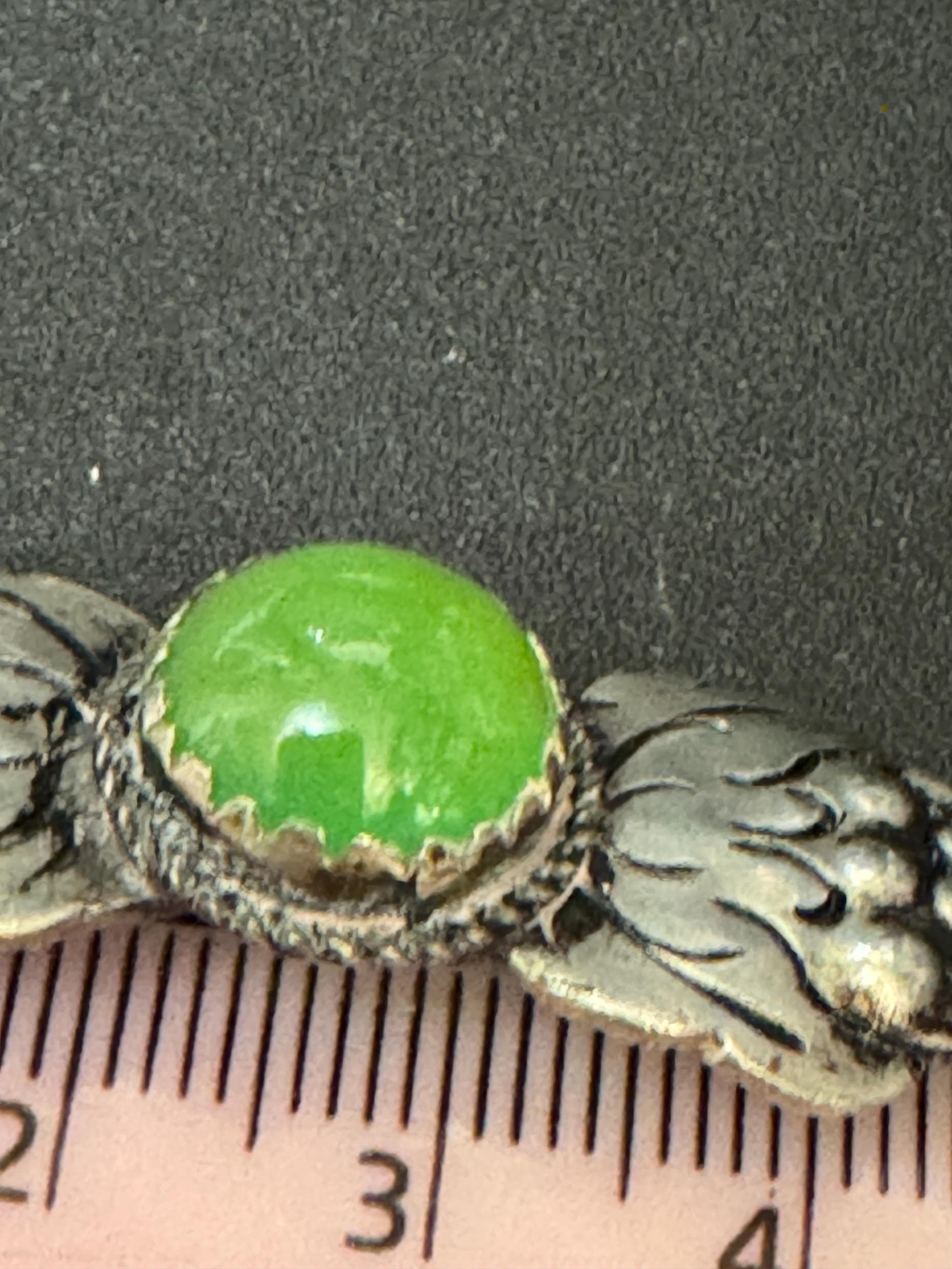 Czech silver tone stamped pressed floral leaf Brooch with Green gemstone chrysoprase Glass