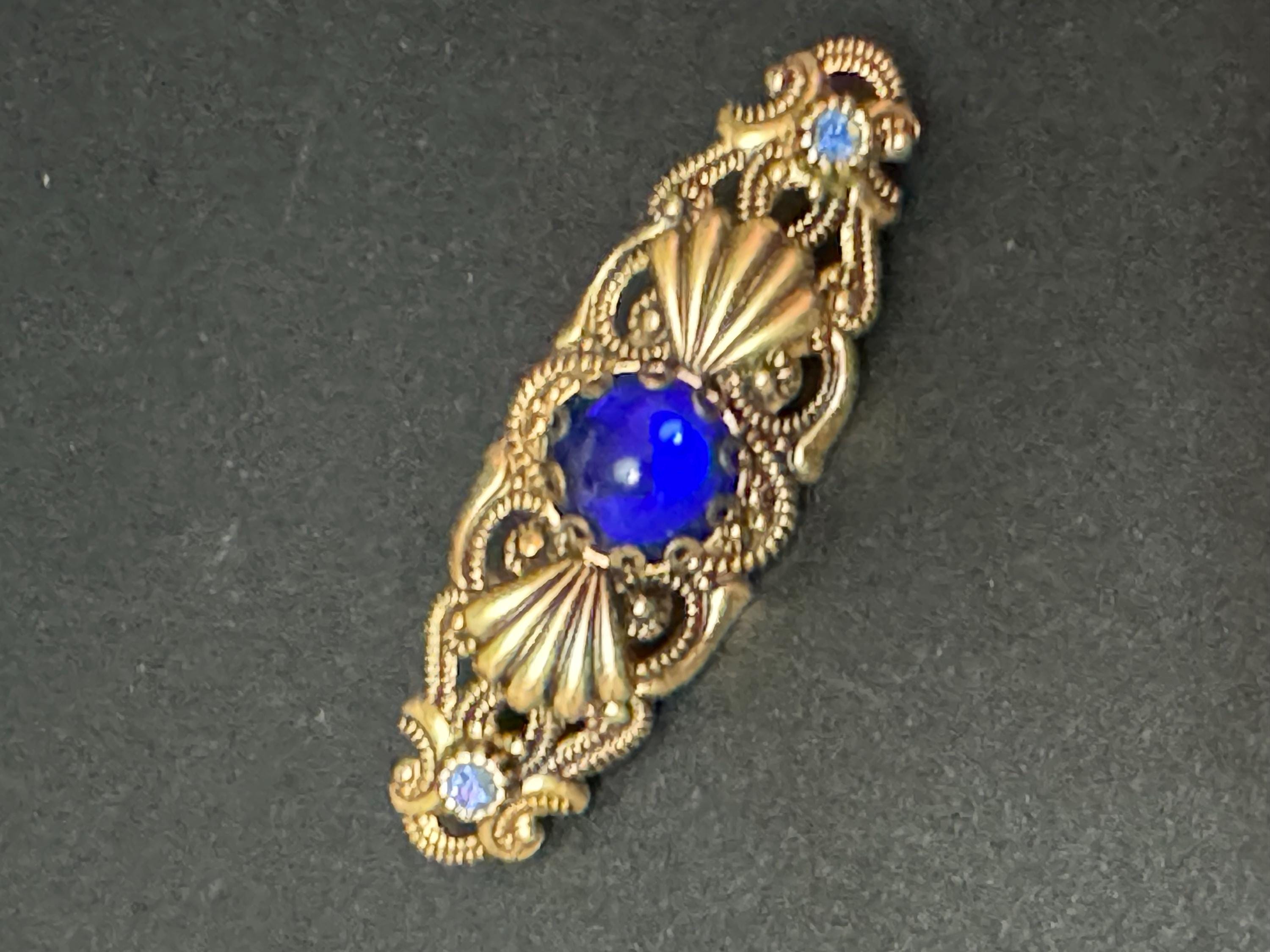 Vintage czech stamped metal copper tone brass bright blue glass cabochon brooch 5cm