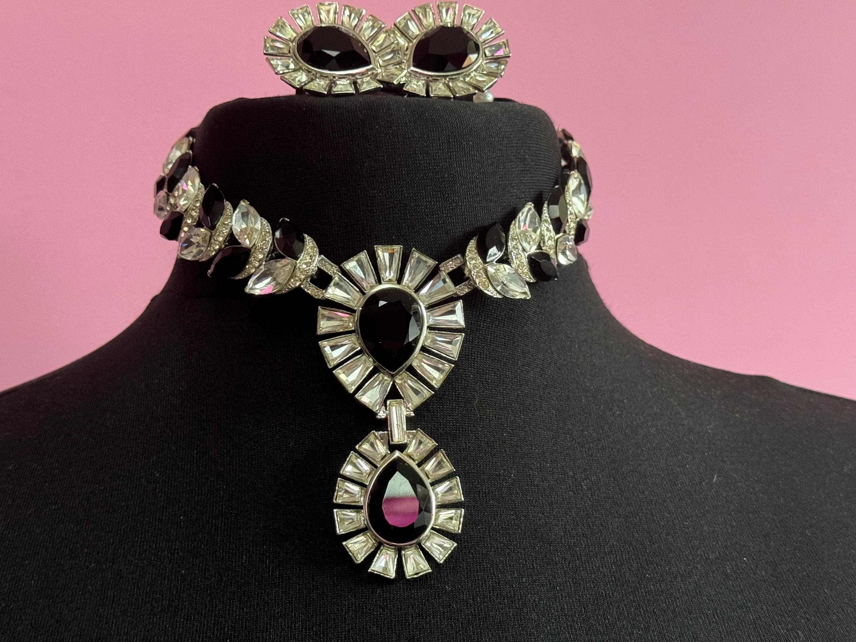 Petite fit Vintage black and clear genuine Swarovski crystal teardrop silver tone necklace and oversized clip on earrings jewellery set