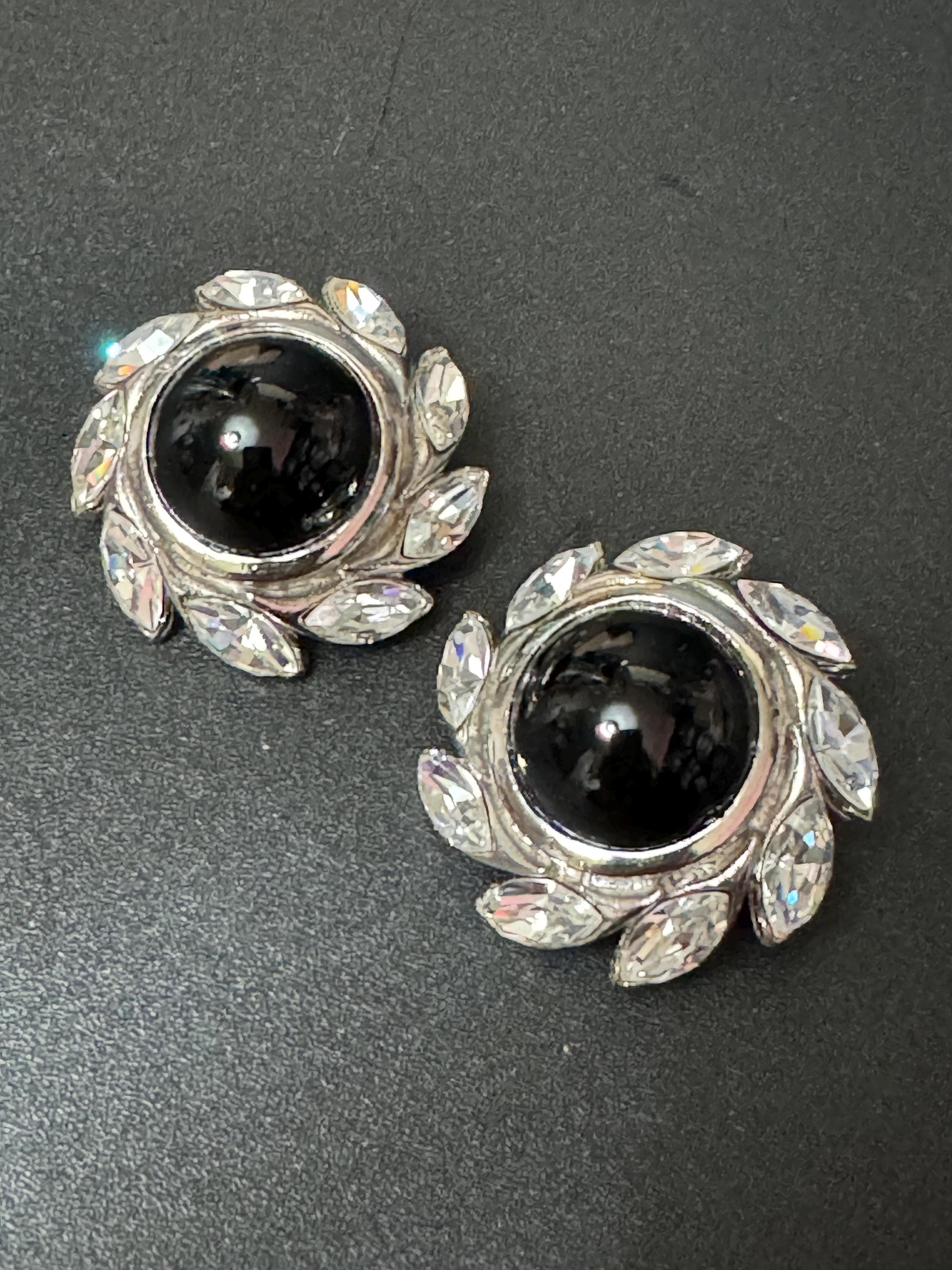 vintage oversized 3.5cm silver tone Round black glass cabochon and clear Navette Swarovski crystal big stud earrings 1980s old shop stock