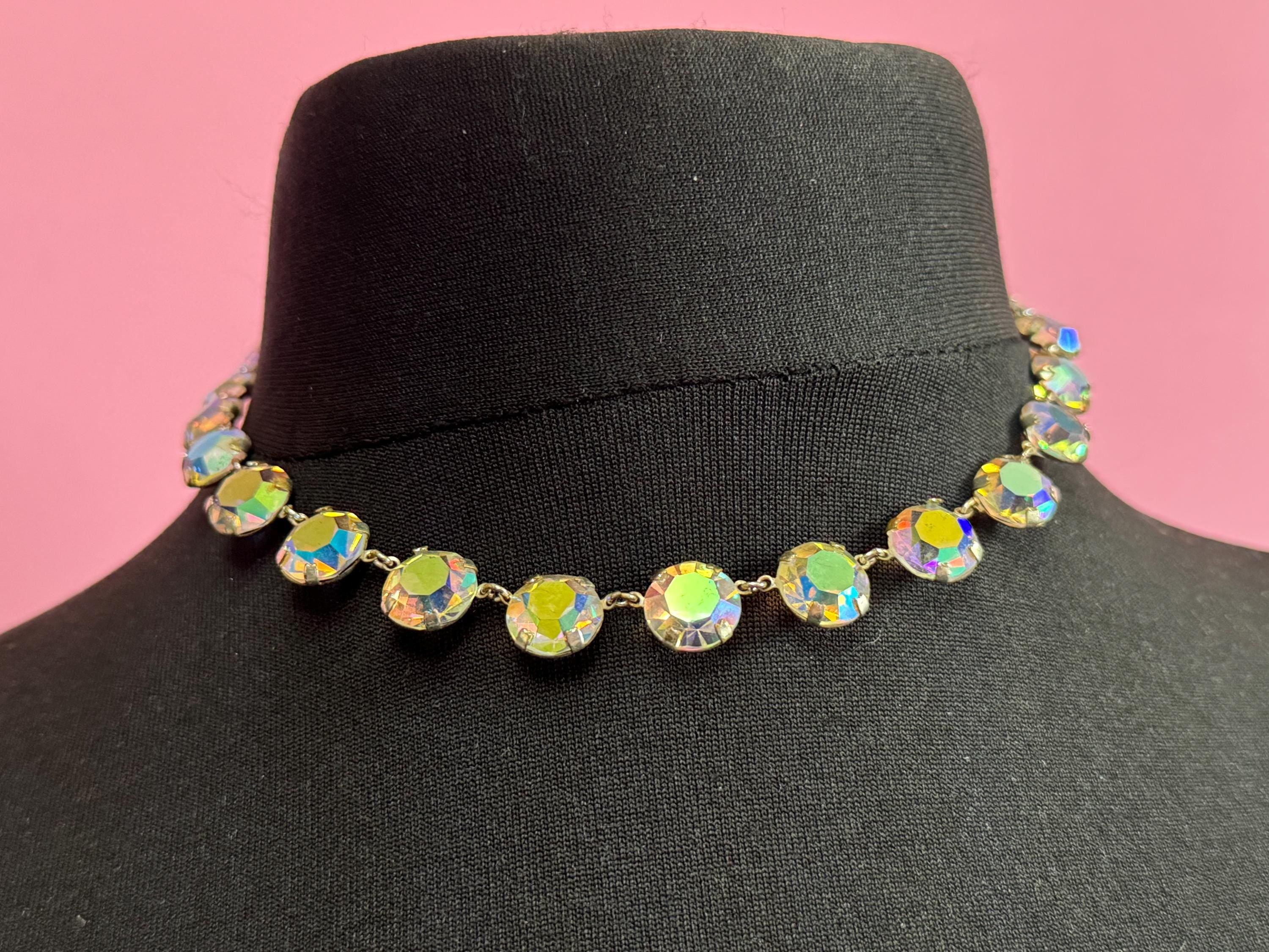 Vintage AB Aurora borealis glass necklace rainbow glass open back crystal rivière bezel set