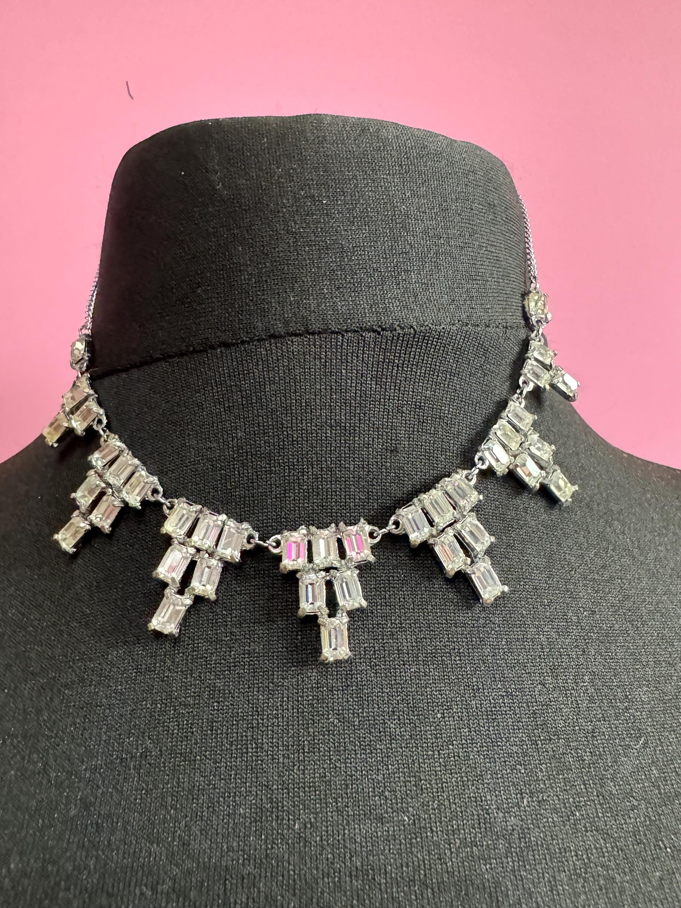 Petite fit 1950s vintage diamante paste baguette diamond choker necklace silver tone chrome