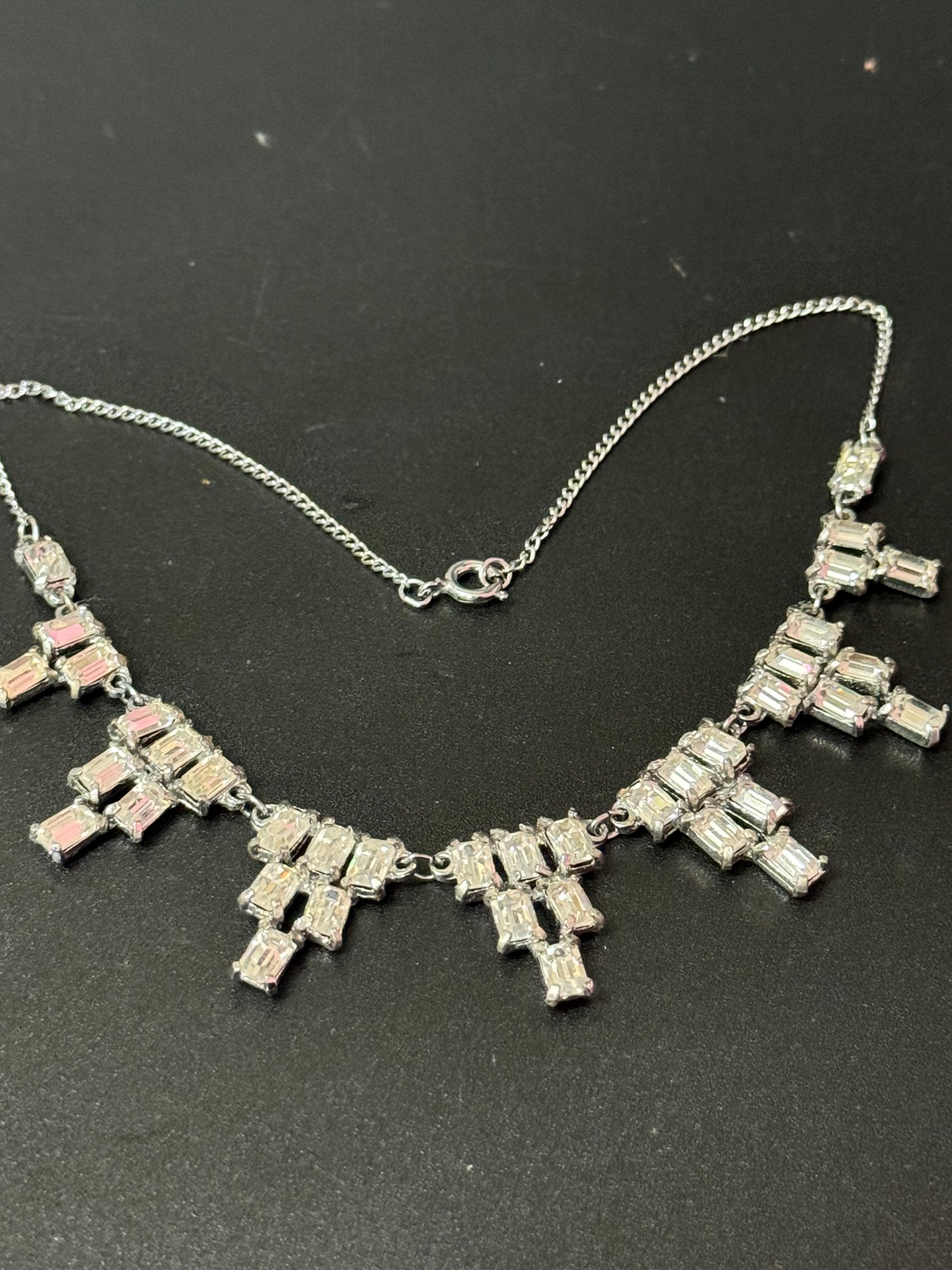 Petite fit 1950s vintage diamante paste baguette diamond choker necklace silver tone chrome