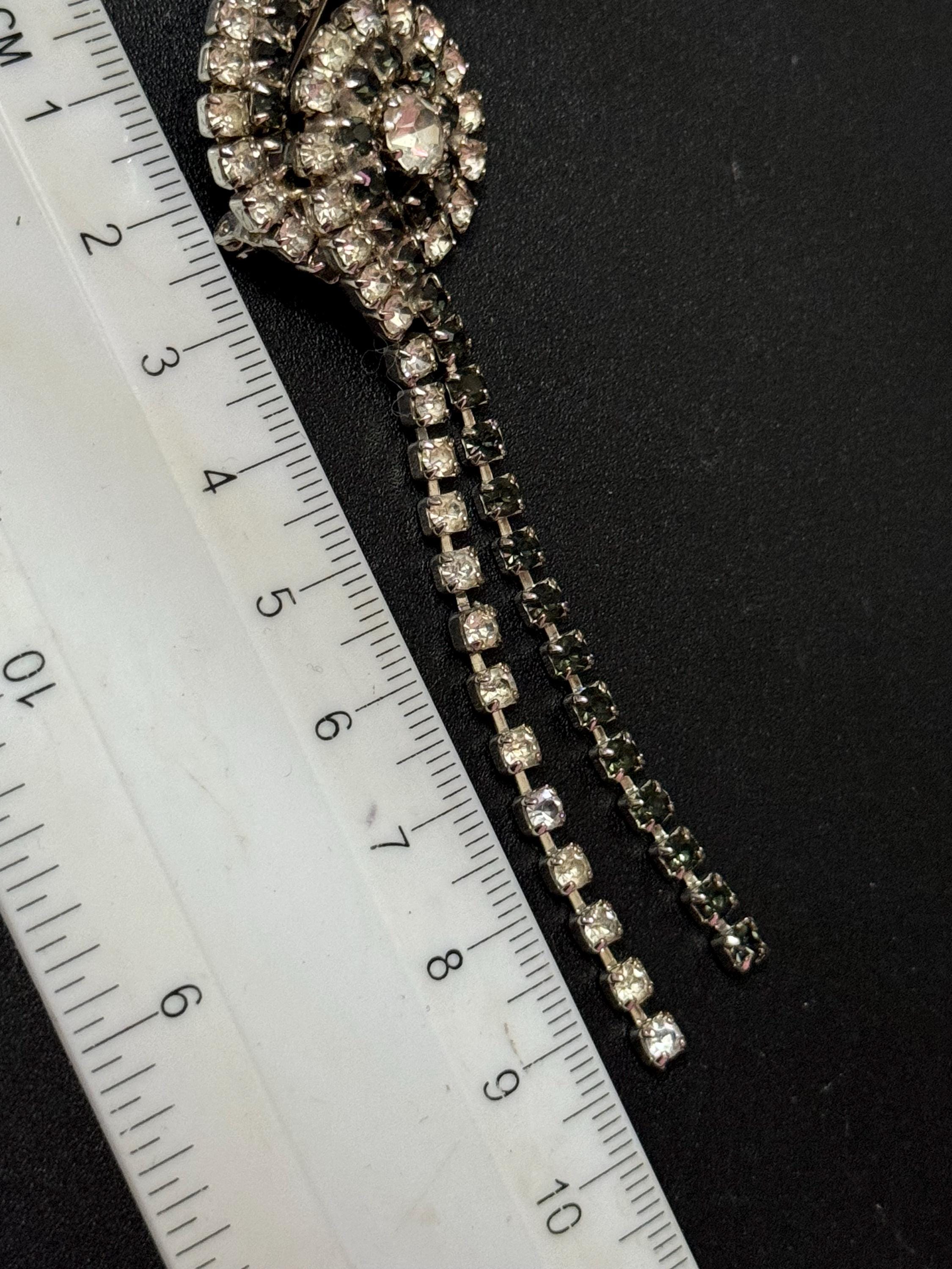 Vintage Monochrome black white clear Rhinestone diamanté paste tassel drop brooch 9cm