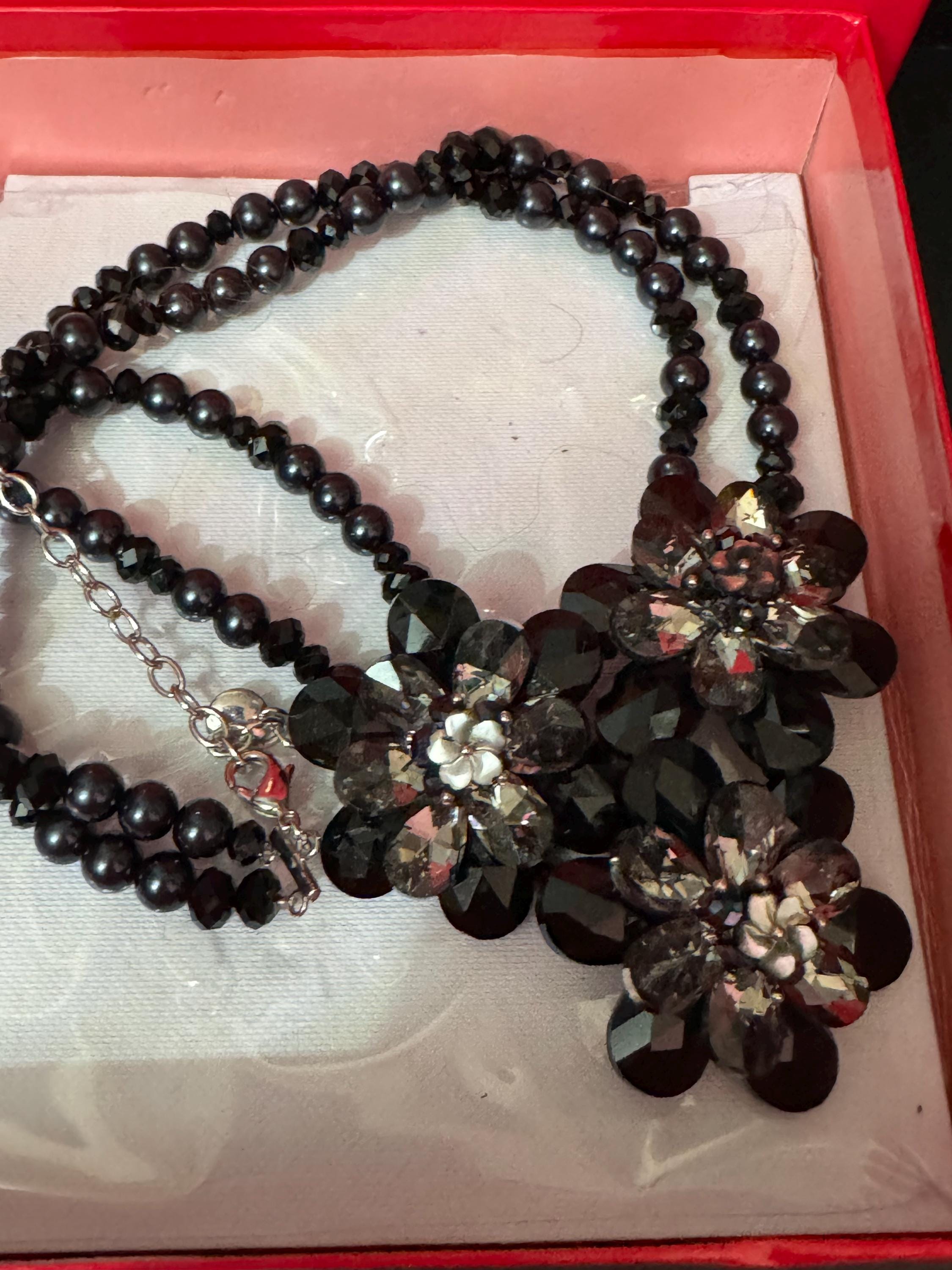 Signed butler and Wilson oversized black glass bib statement necklace adjustable