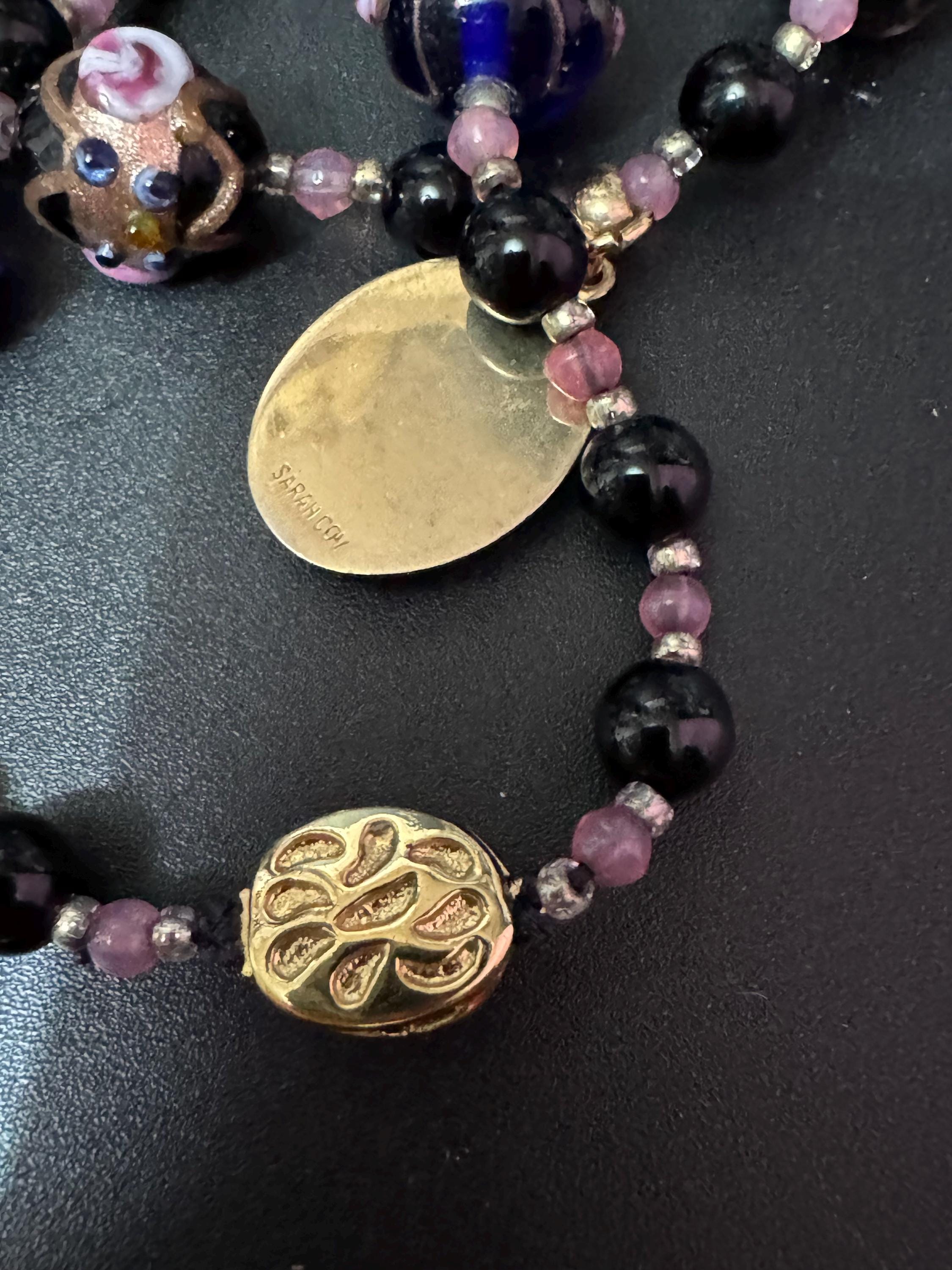 Signed Sarah Coventry Vintage purple glass art bead cameo pendant necklace