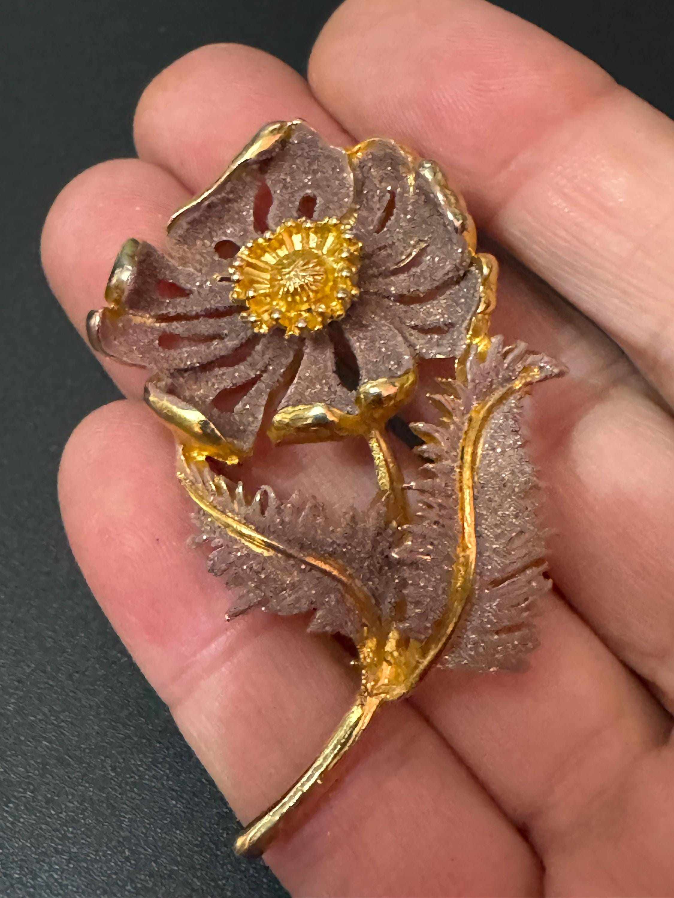 Signed HOLLYWOOD large gold tone purple iced modernist abstract floral brooch
