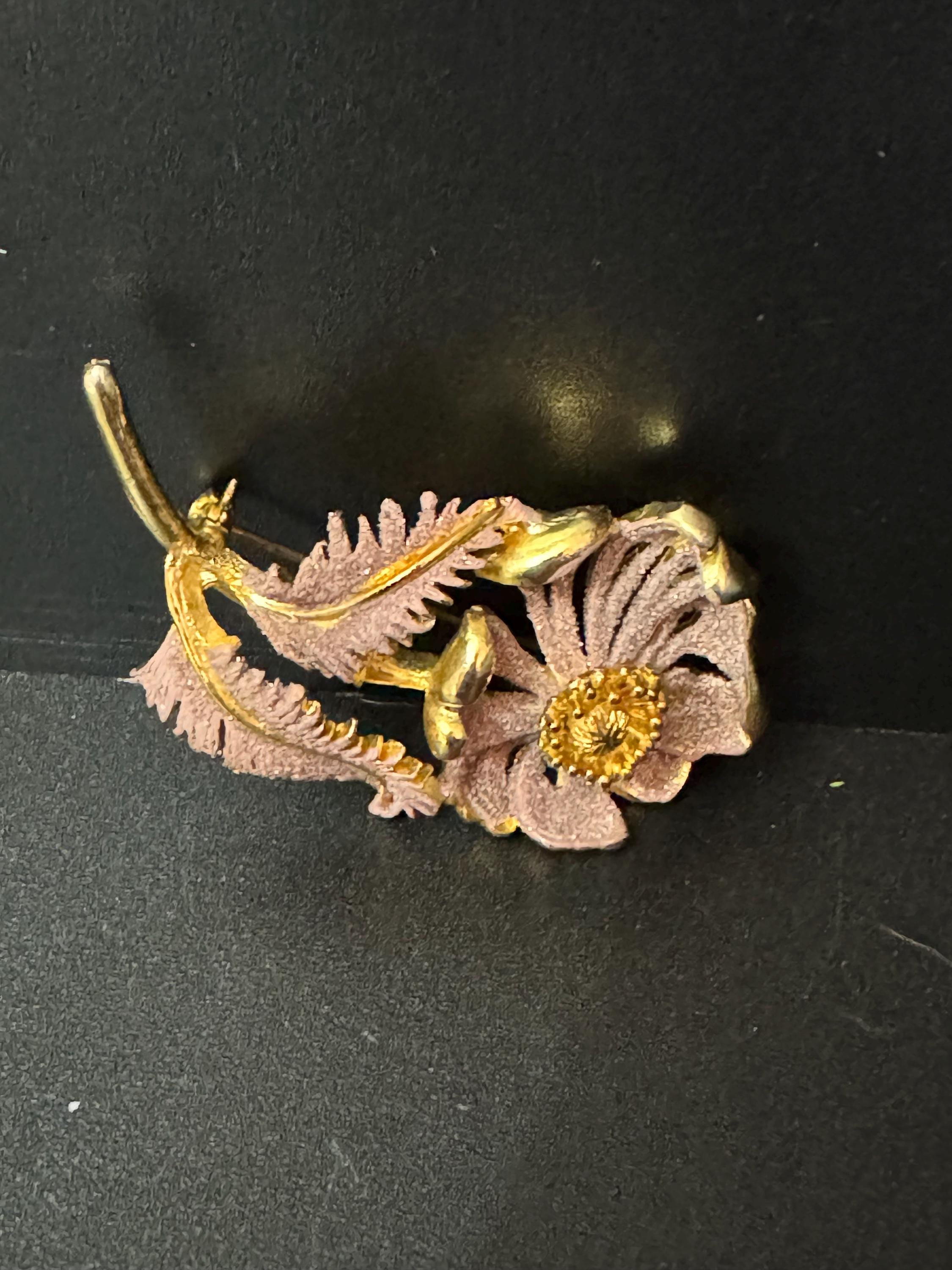 Signed HOLLYWOOD large gold tone purple iced modernist abstract floral brooch