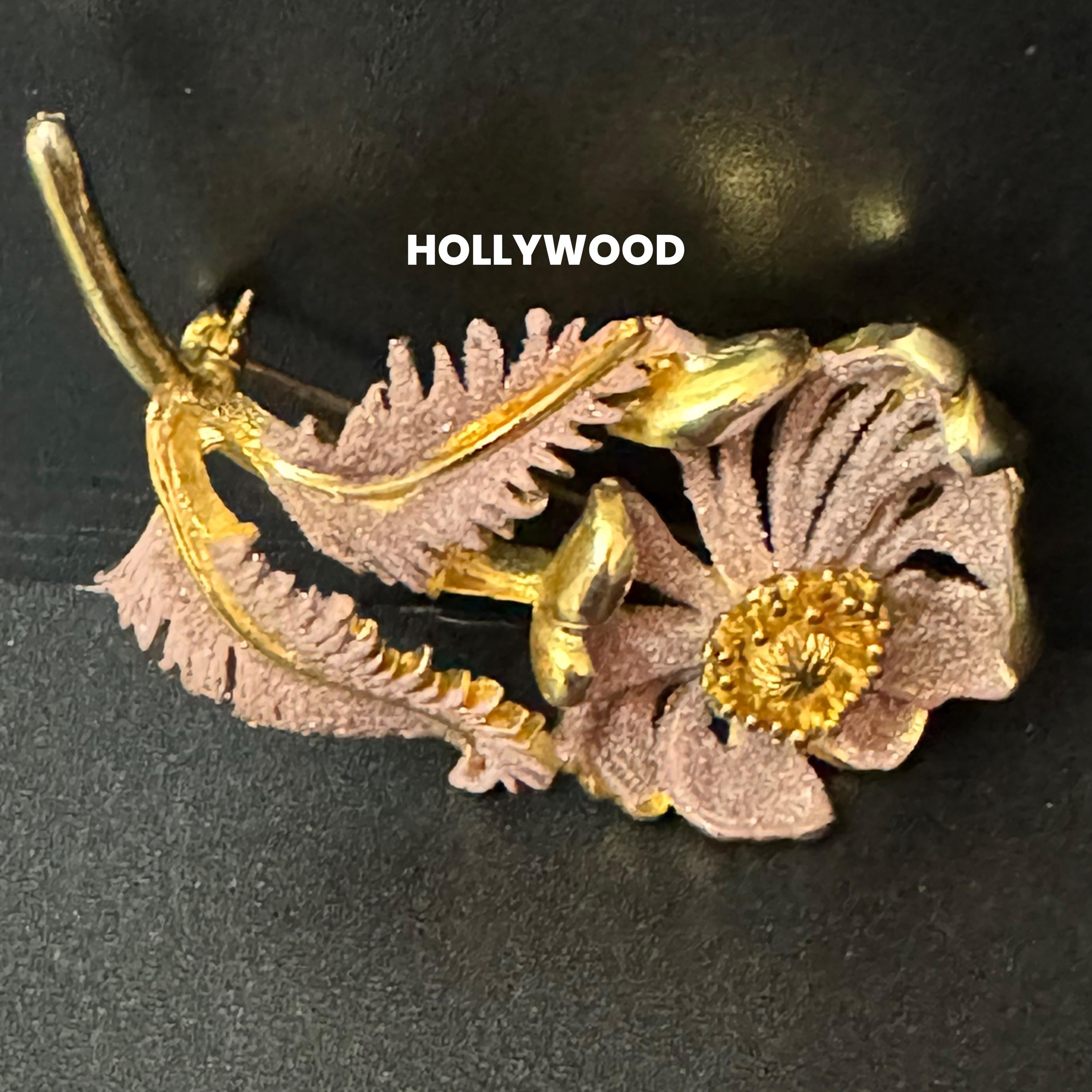 Signed HOLLYWOOD large gold tone purple iced modernist abstract floral brooch