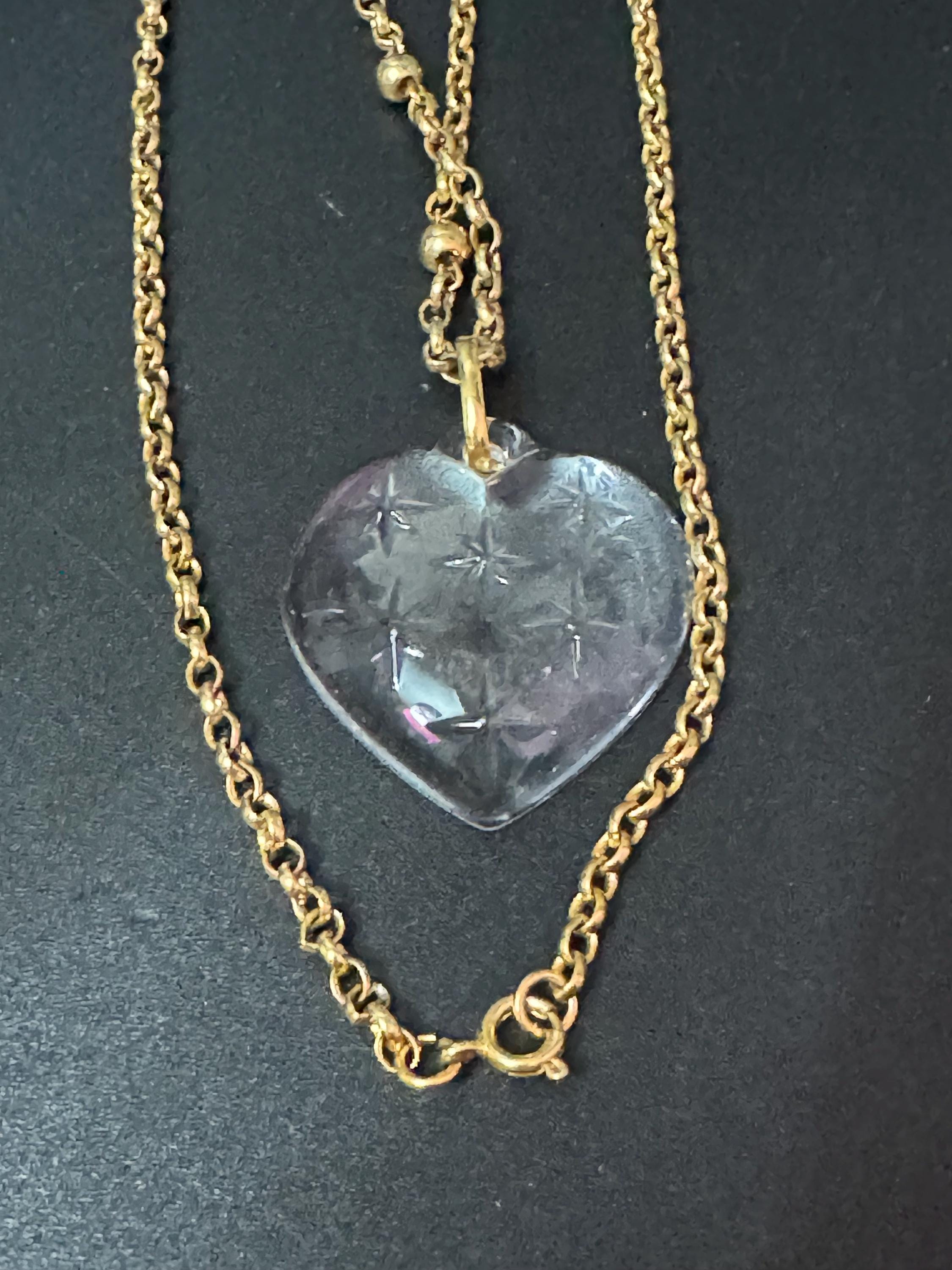 Signed movitex Vintage modernist gold tone pressed glass heart and stars pendant necklace 68cm chain