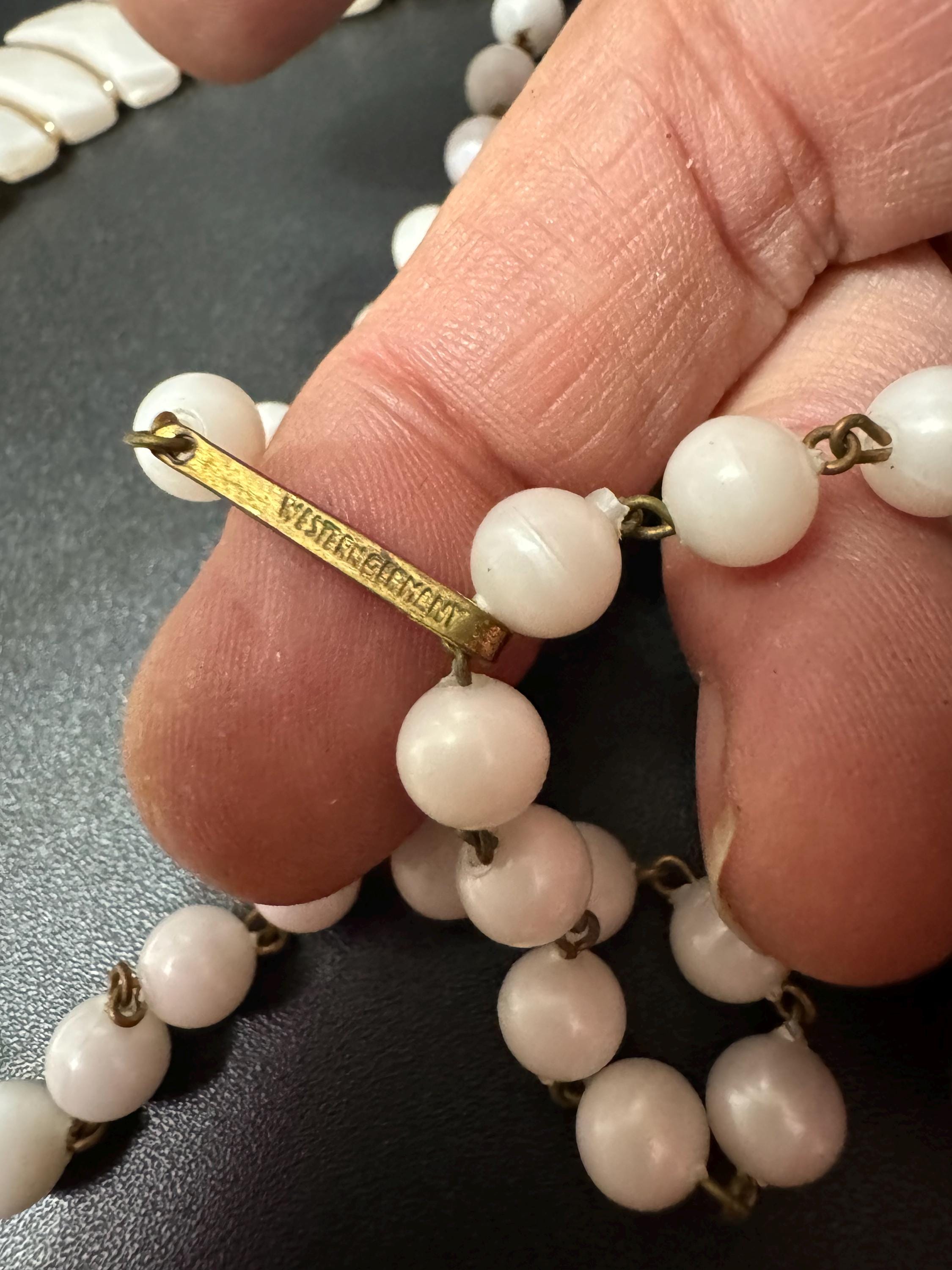 Signed western Germany white pearl used plastic gold panel link beaded necklace