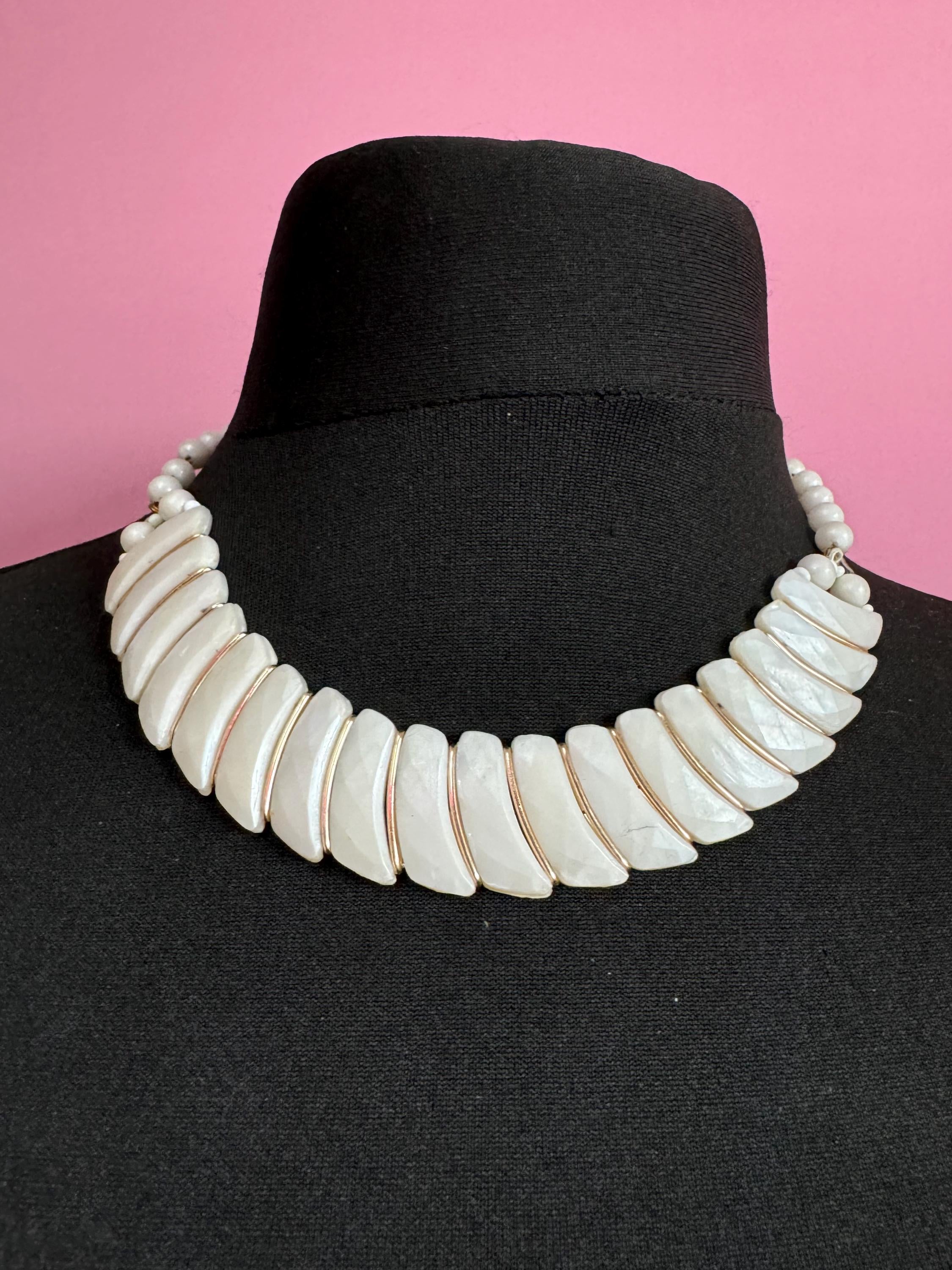 Signed western Germany white pearl used plastic gold panel link beaded necklace
