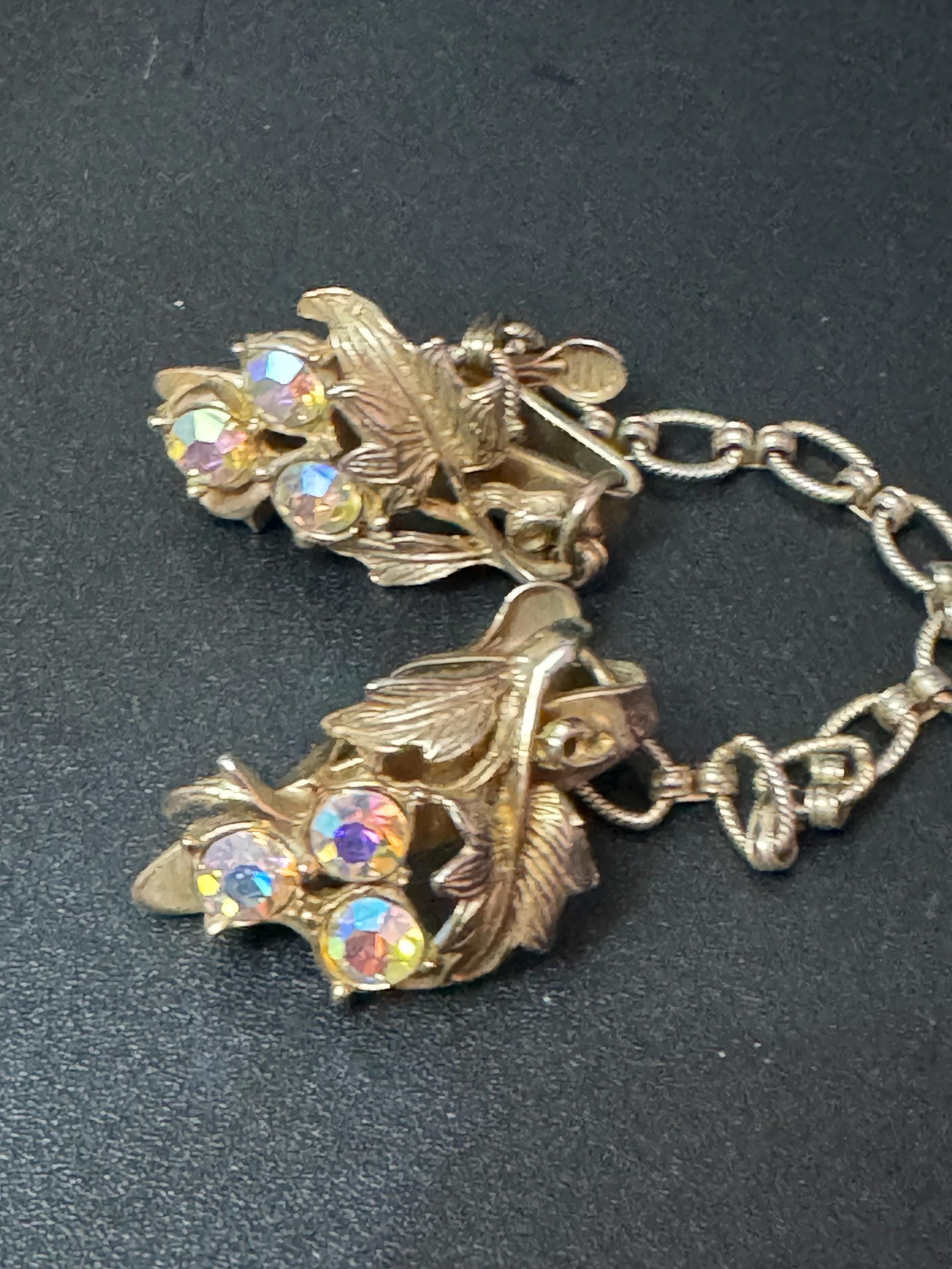 aB rhinestone vintage double gold tone mid century metal sweater guards jumper cloak clips