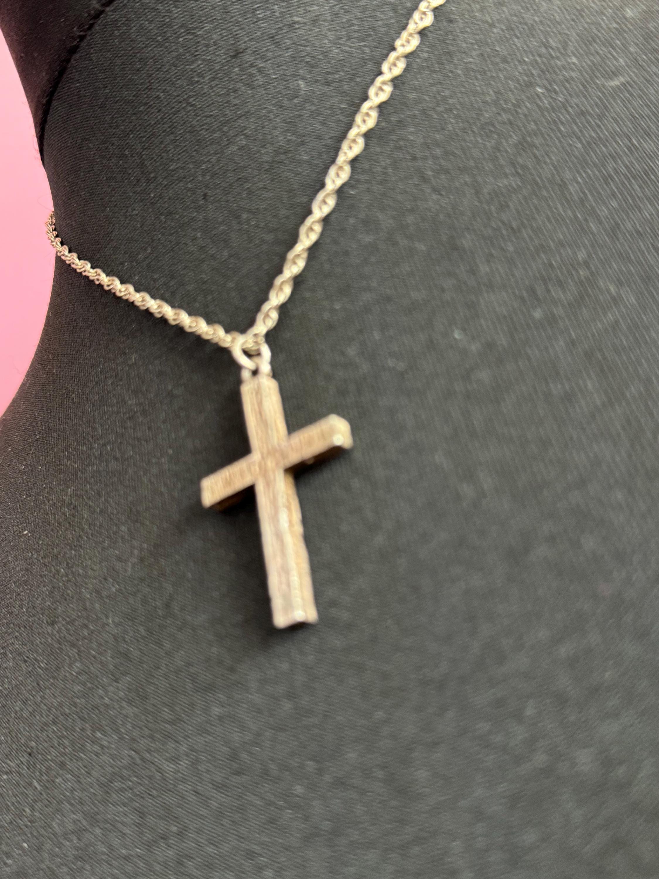 1970s chunky Vintage sterling 925 silver hallmarked 46cm chain bark finish heavy cross pendant religious christening birthday