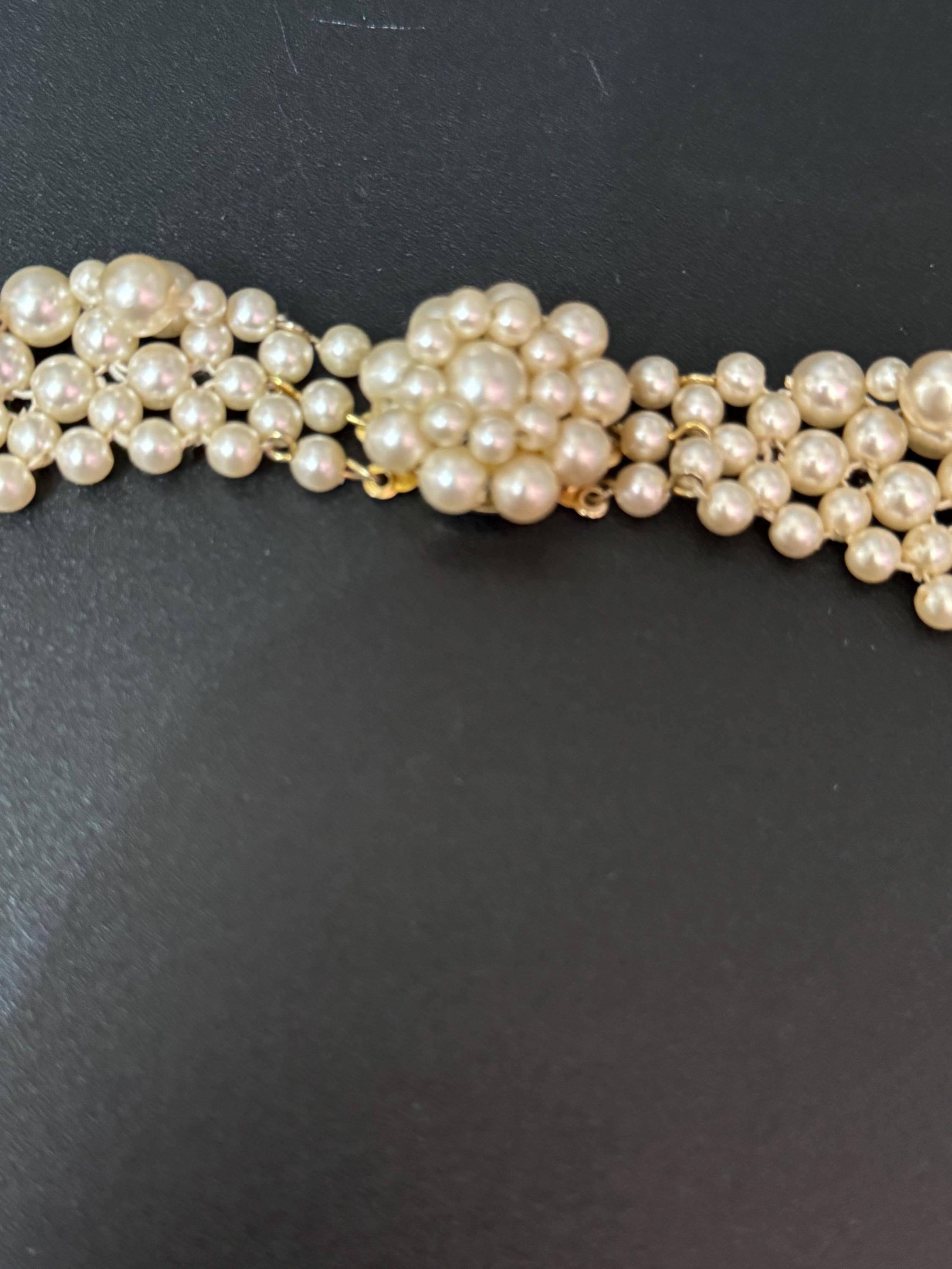 Vintage faux cream Plastic round pearl woven multi strand choker collar necklace 45cm