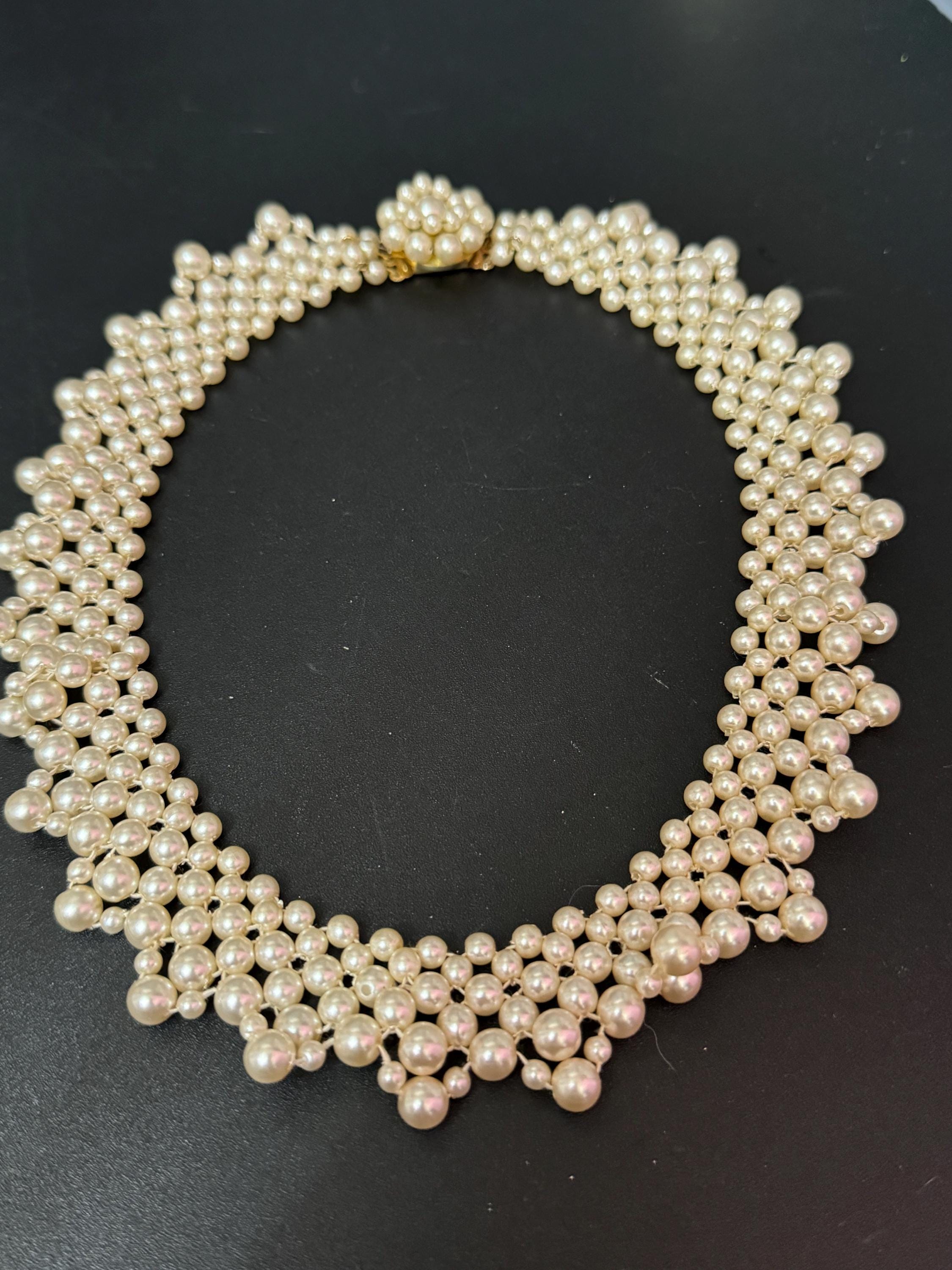 Vintage faux cream Plastic round pearl woven multi strand choker collar necklace 45cm