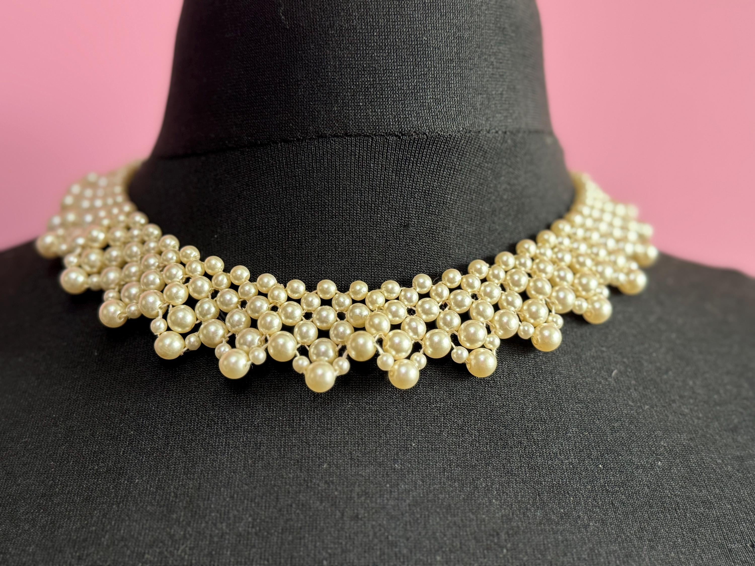 Vintage faux cream Plastic round pearl woven multi strand choker collar necklace 45cm