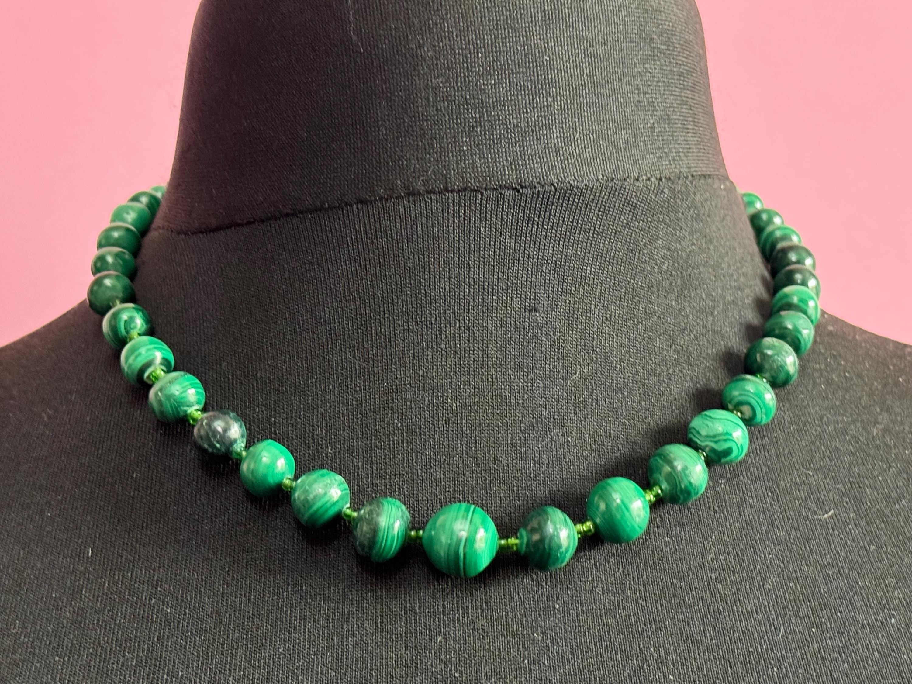 Vintage Malachite Beaded Necklace natural gemstone beads 47cm