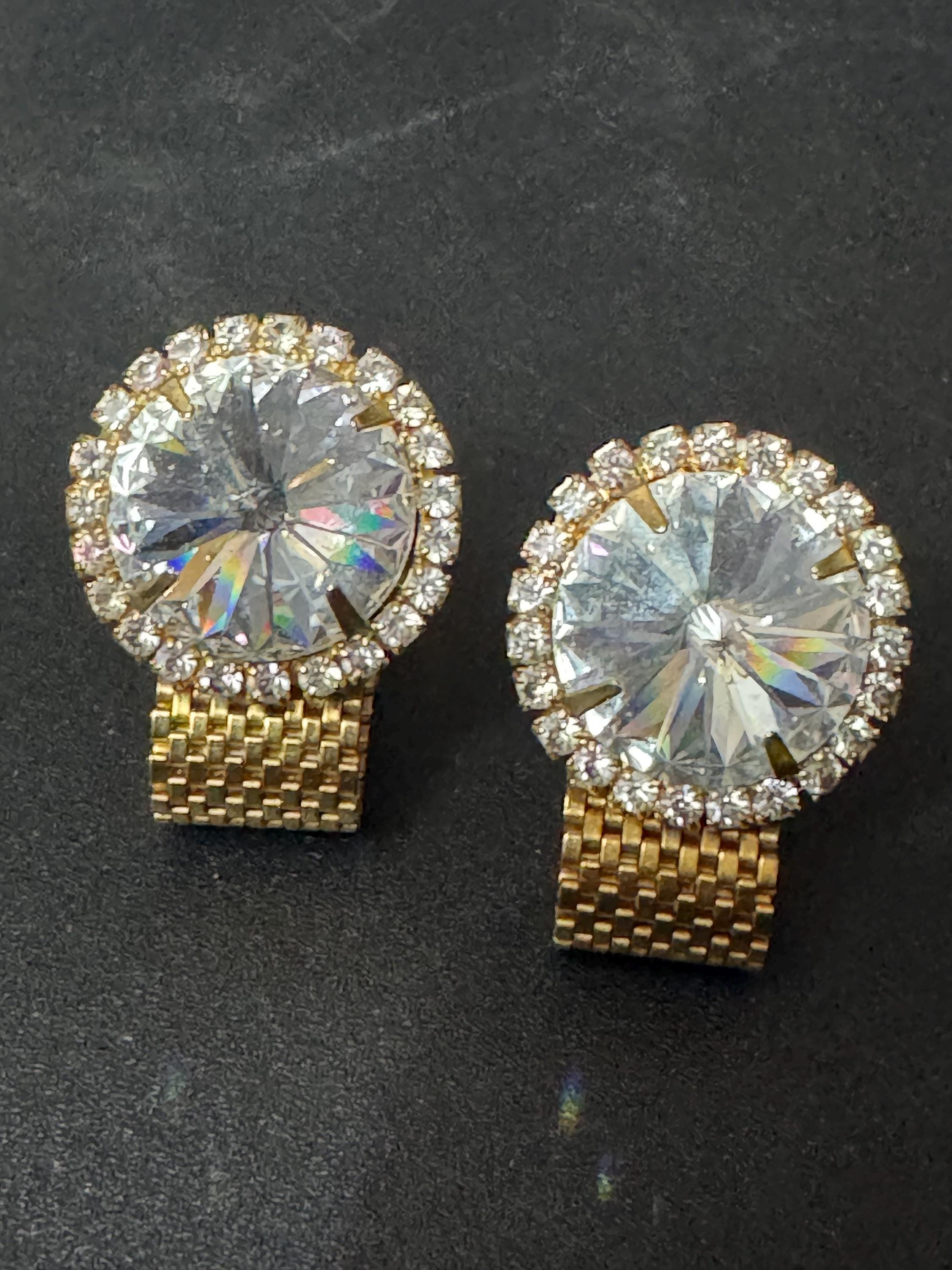 1970s modernist vintage clear Rivoli crystal diamanté gold tone mesh men’s cufflinks