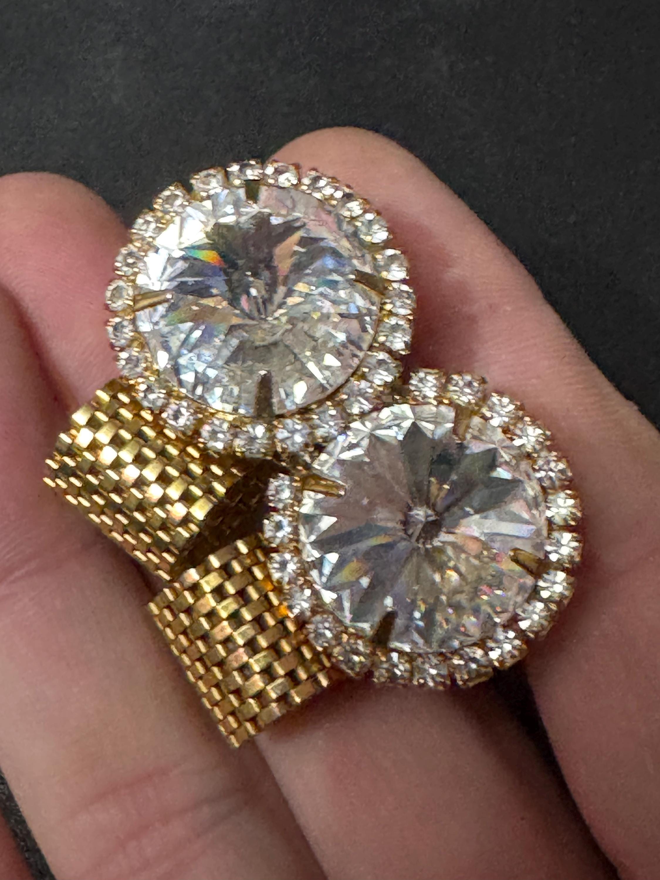 1970s modernist vintage clear Rivoli crystal diamanté gold tone mesh men’s cufflinks