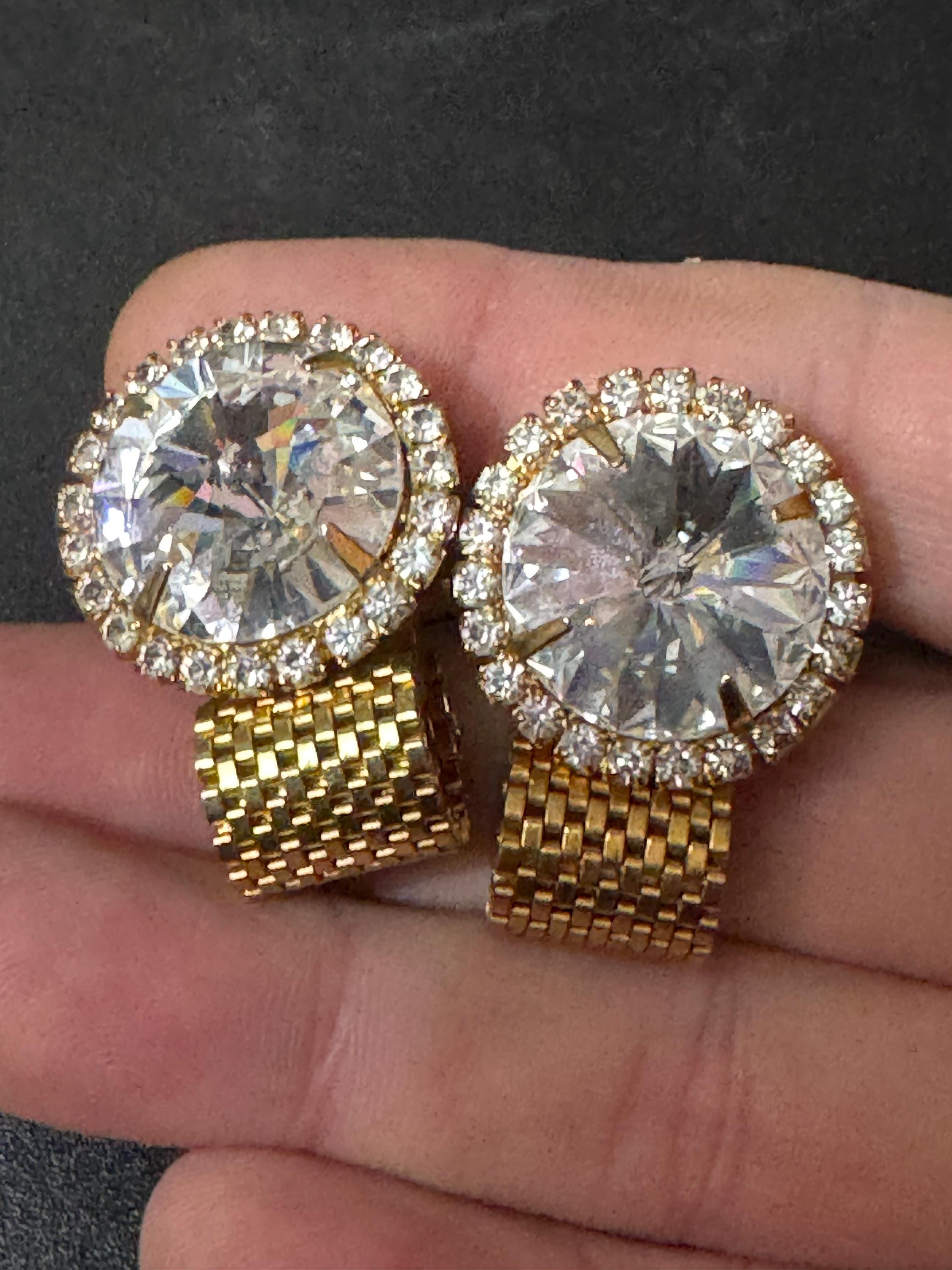 1970s modernist vintage clear Rivoli crystal diamanté gold tone mesh men’s cufflinks