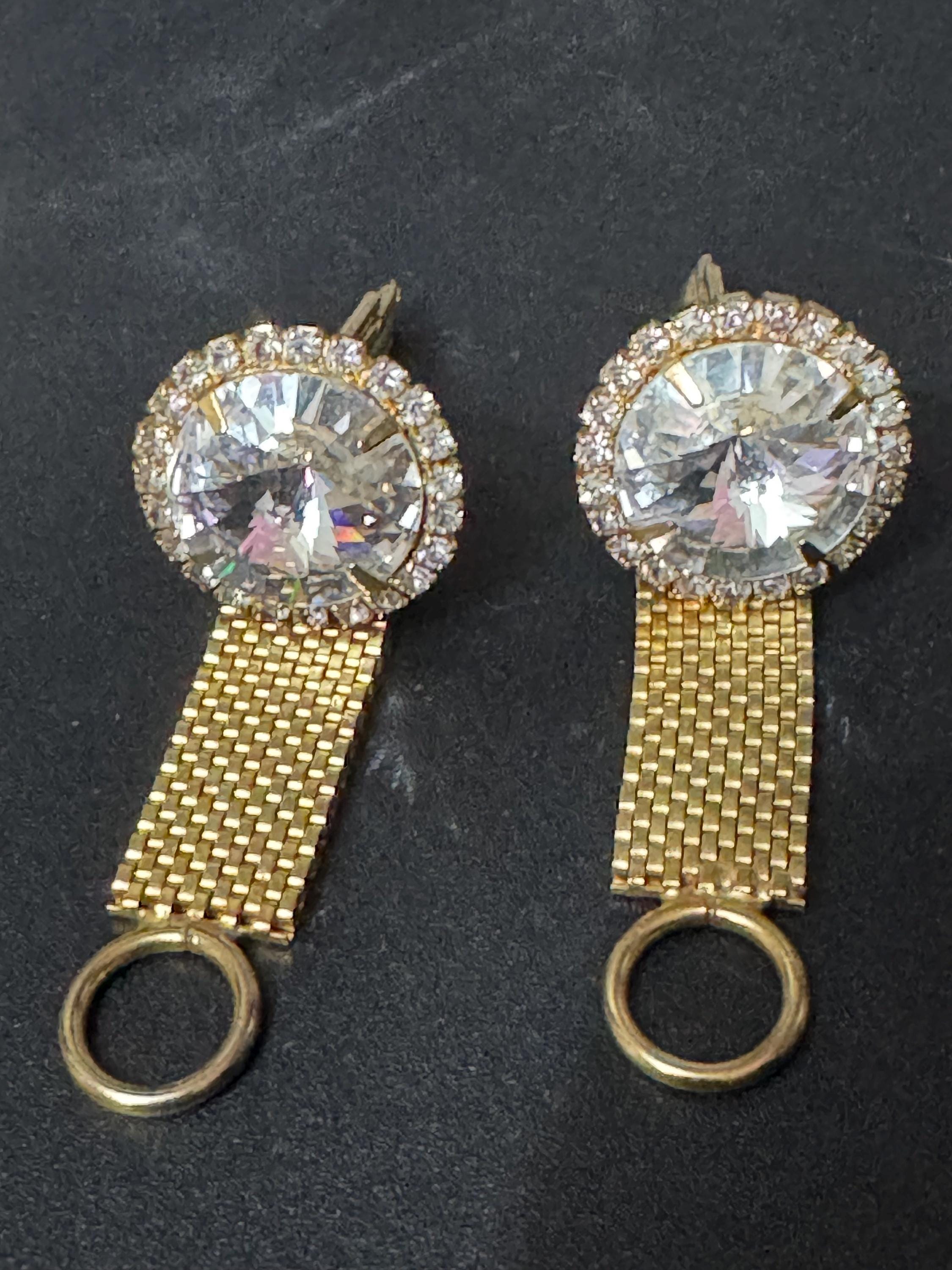 1970s modernist vintage clear Rivoli crystal diamanté gold tone mesh men’s cufflinks