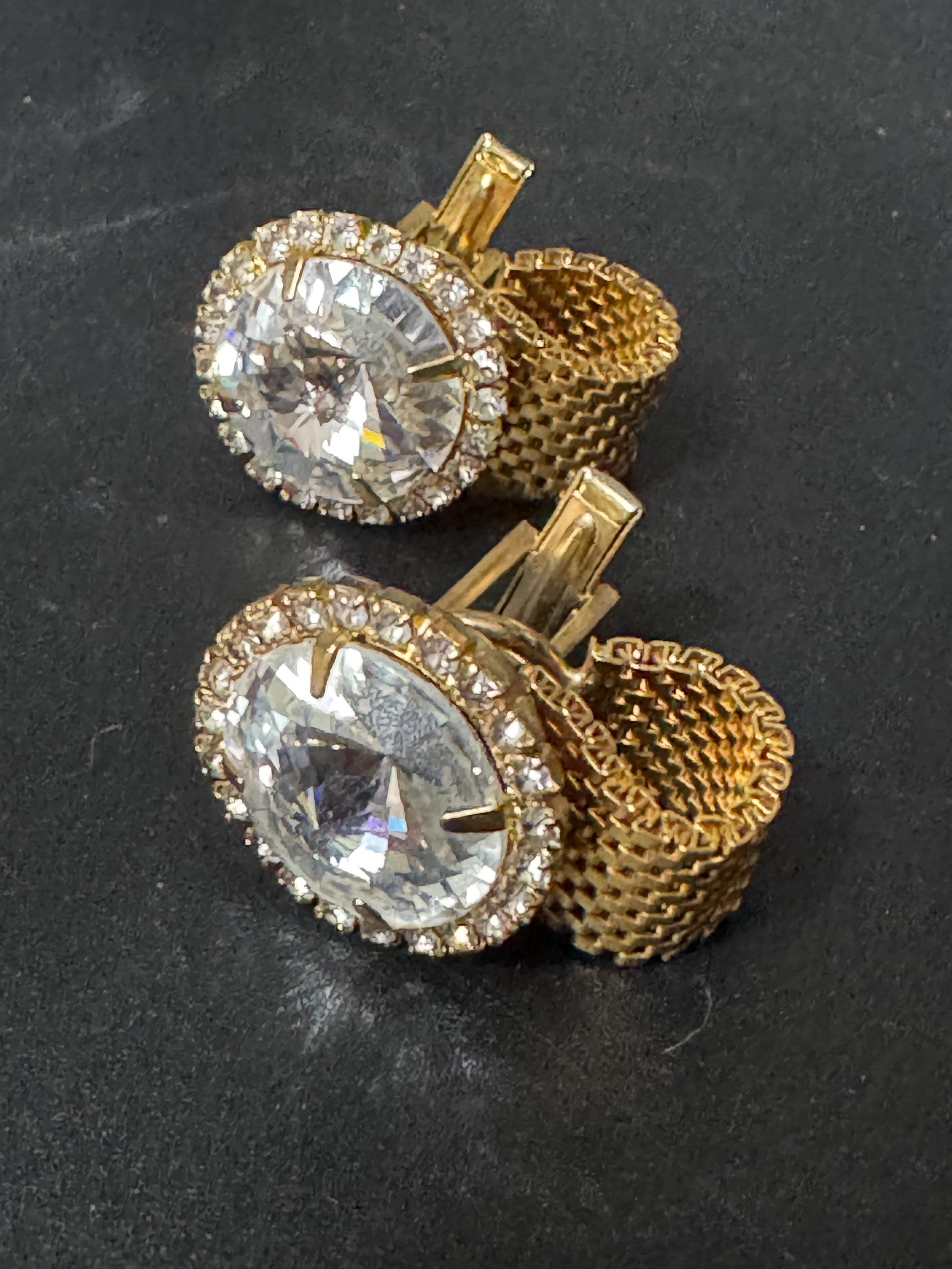 1970s modernist vintage clear Rivoli crystal diamanté gold tone mesh men’s cufflinks