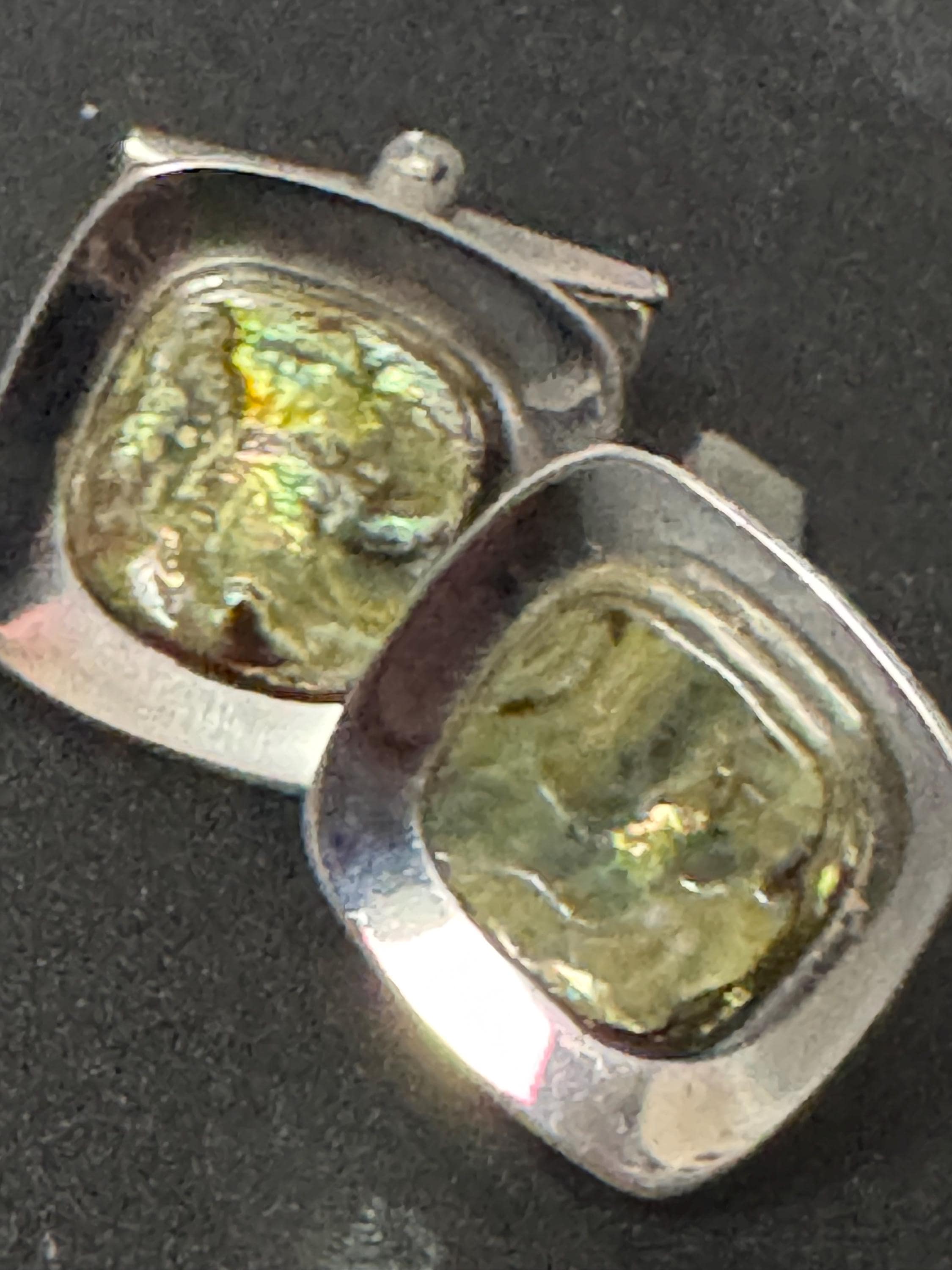 mid century modernist vintage stainless steel silver metal abalone shell cabochon mens gents cufflinks 1970s