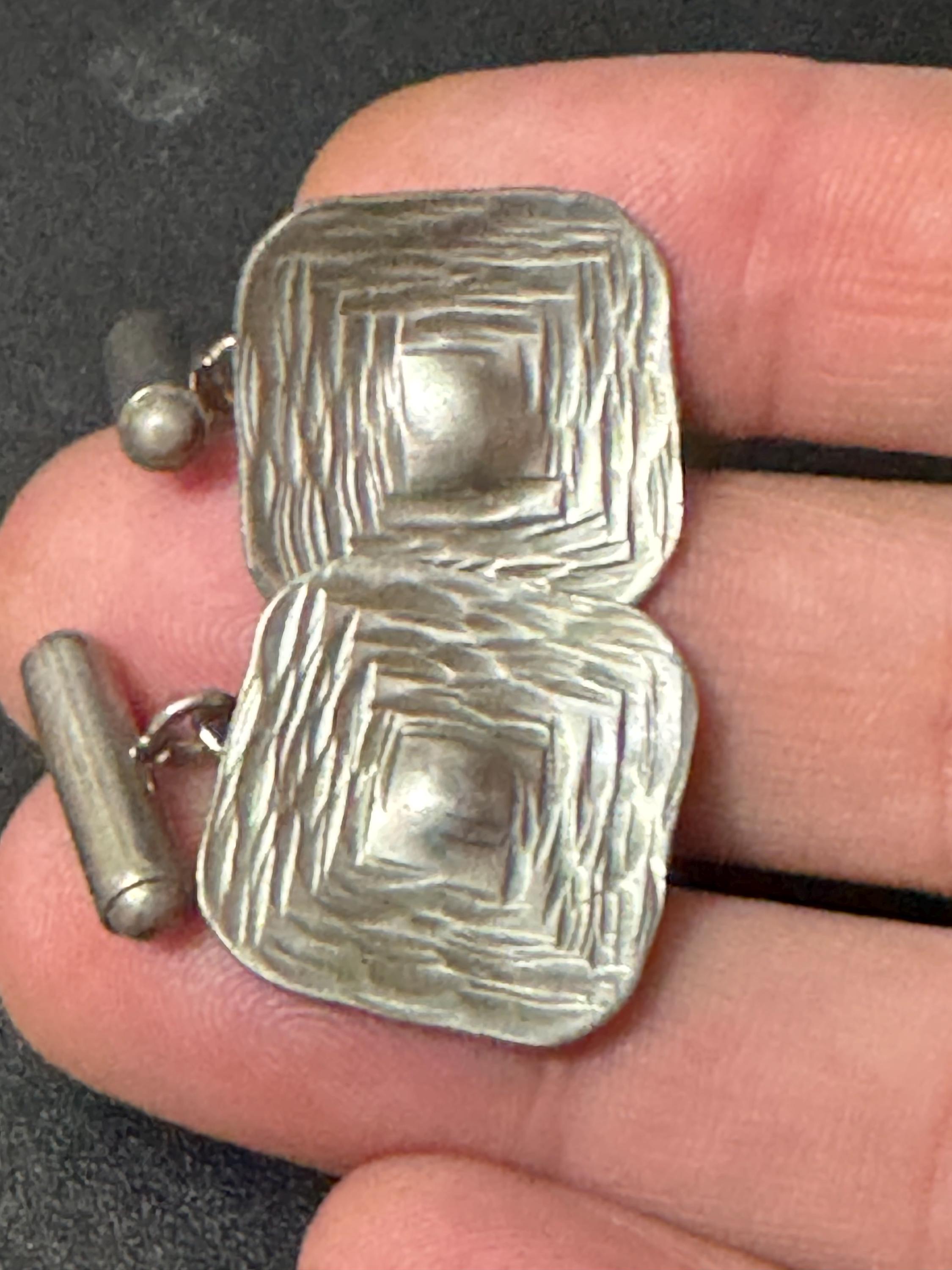 mid century modernist vintage etched steel silver metal brutalist mens gents cufflinks 1970s