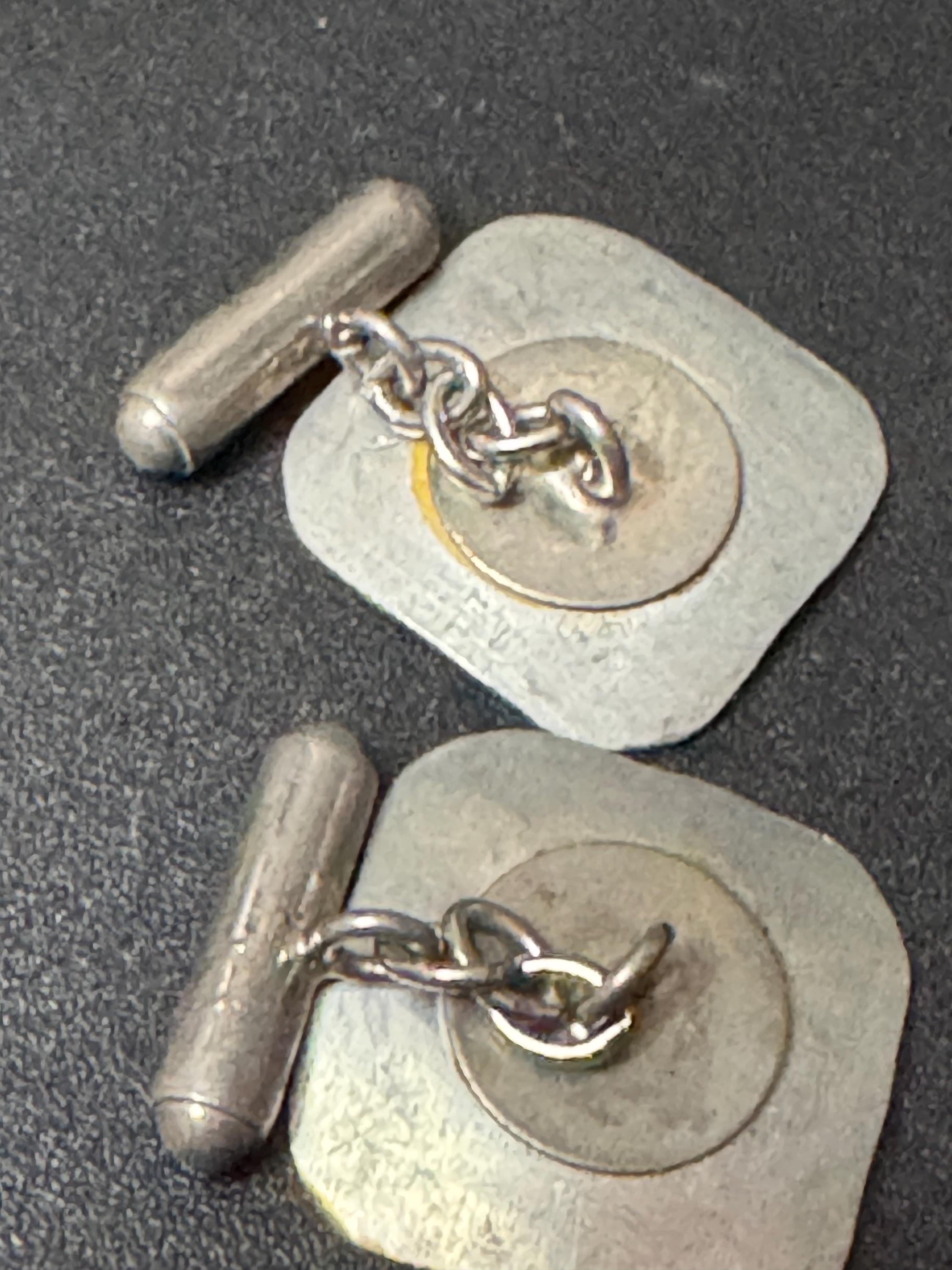 mid century modernist vintage etched steel silver metal brutalist mens gents cufflinks 1970s