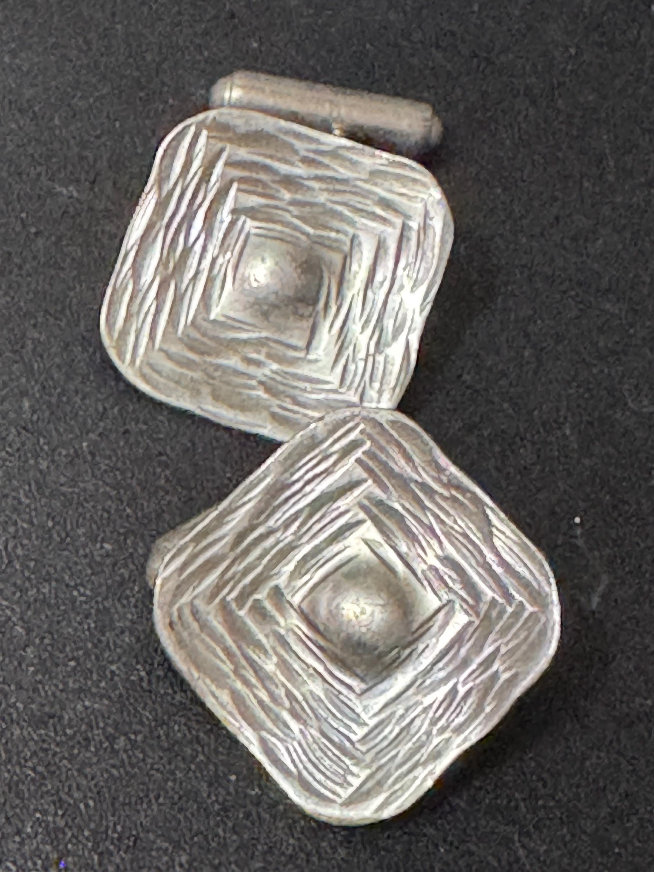 mid century modernist vintage etched steel silver metal brutalist mens gents cufflinks 1970s