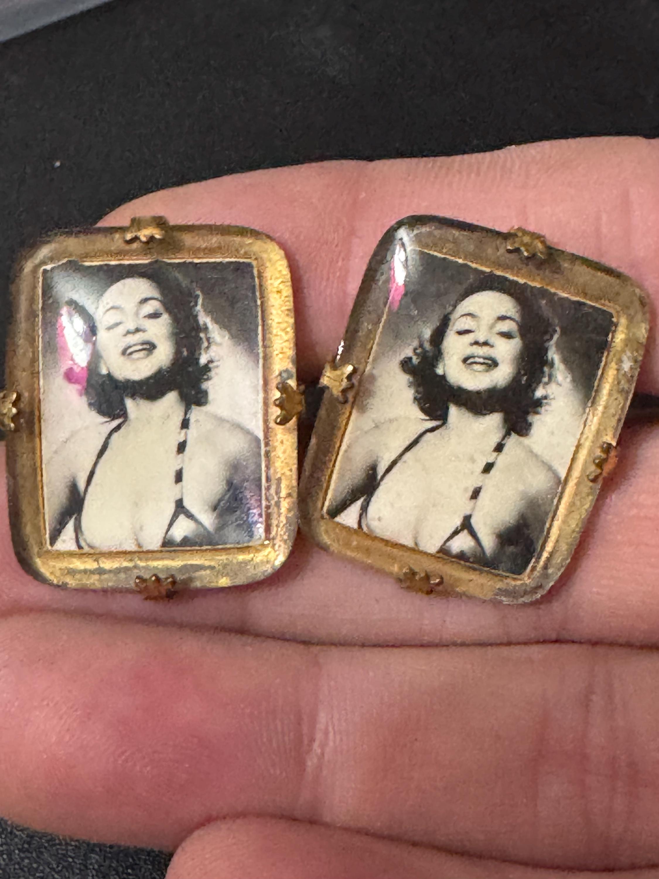 mid century modernist vintage gold tone novelty pin up girl Hollywood glamour portrait men’s cufflinks