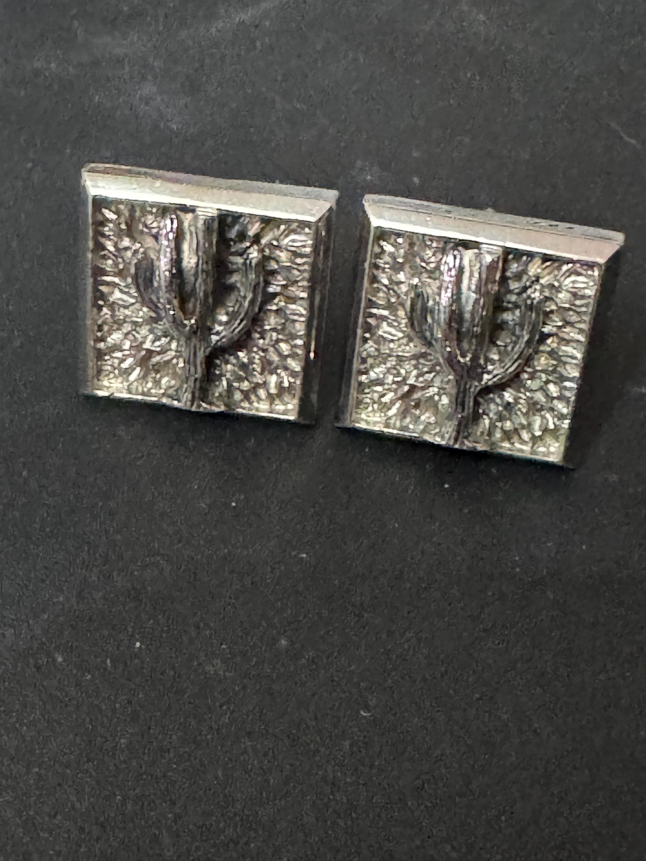 modernist vintage Mexican cactus south western silver tone brutalist mens gents cufflinks 1970s