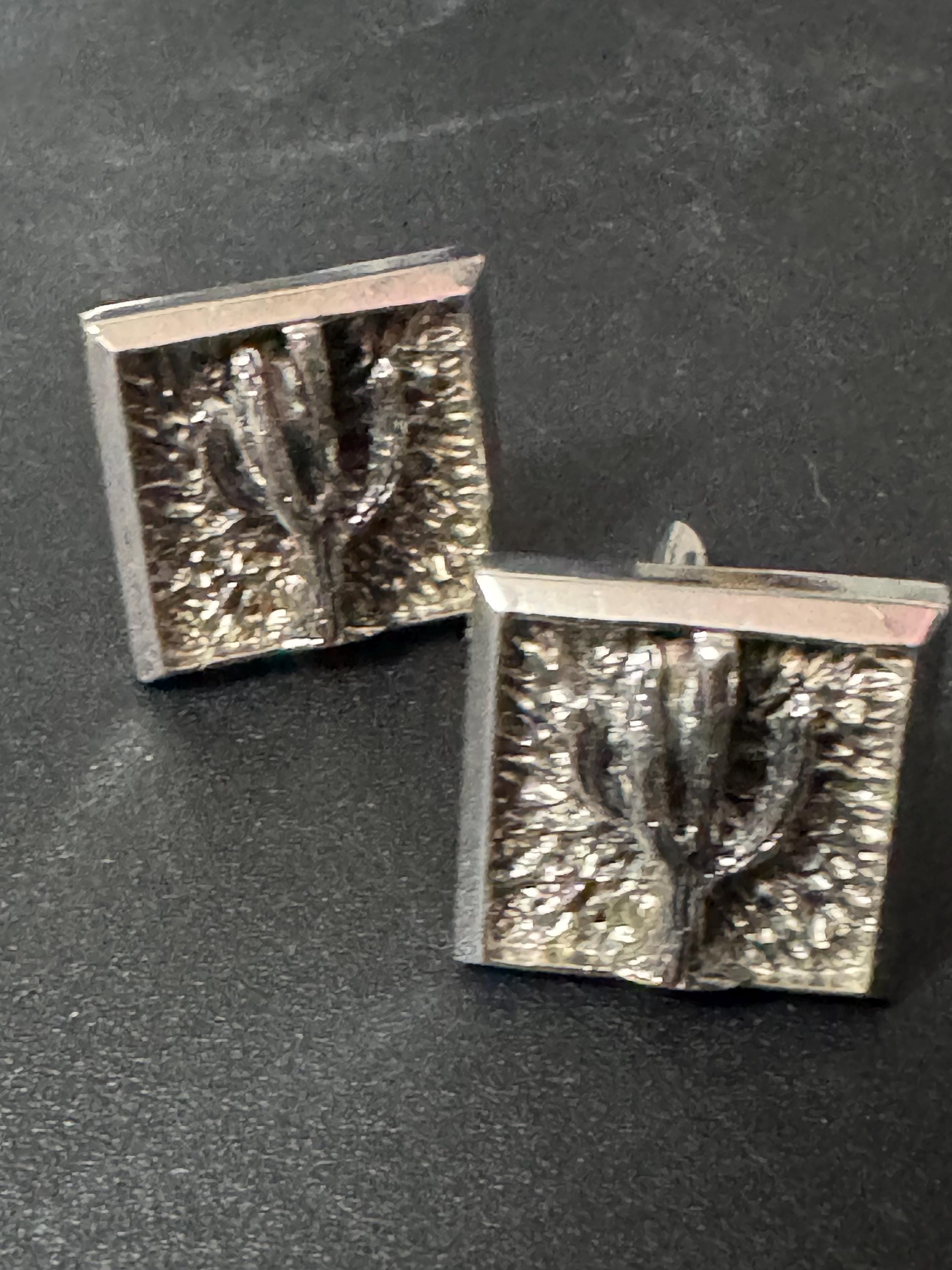 modernist vintage Mexican cactus south western silver tone brutalist mens gents cufflinks 1970s