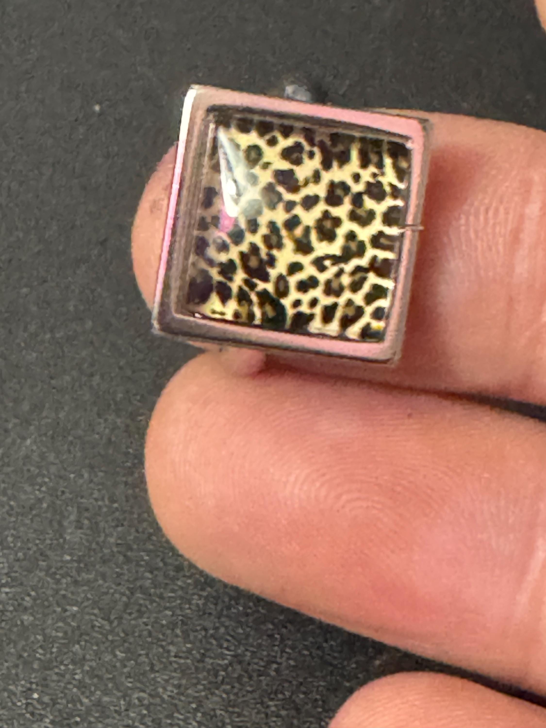 Square Leopard print silver ring stainless steel non tarnish adjustable ring animal print