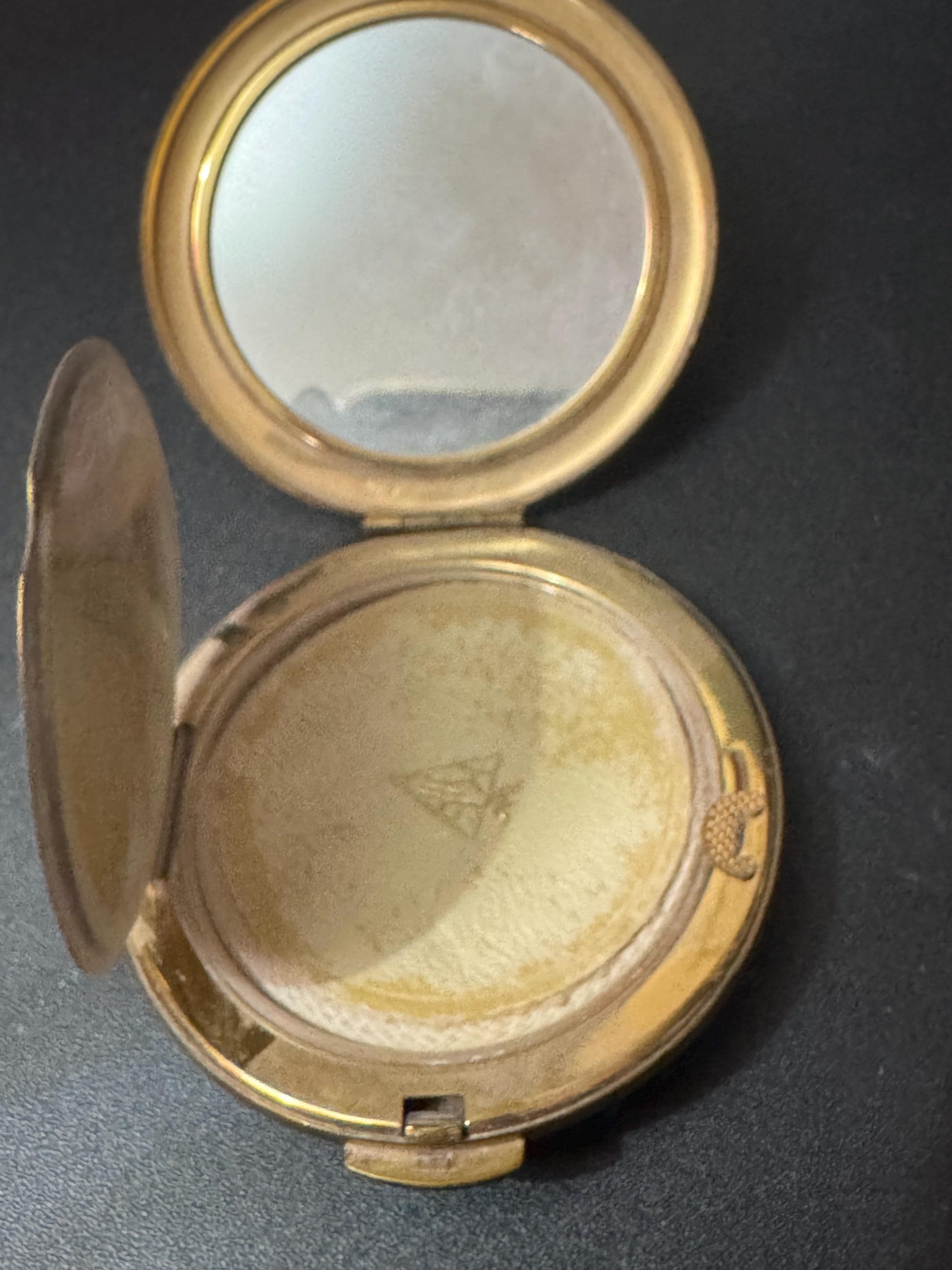 Small KIGU Vintage floral roses gold tone powder compact mirror with sifter mid century cosmetics case