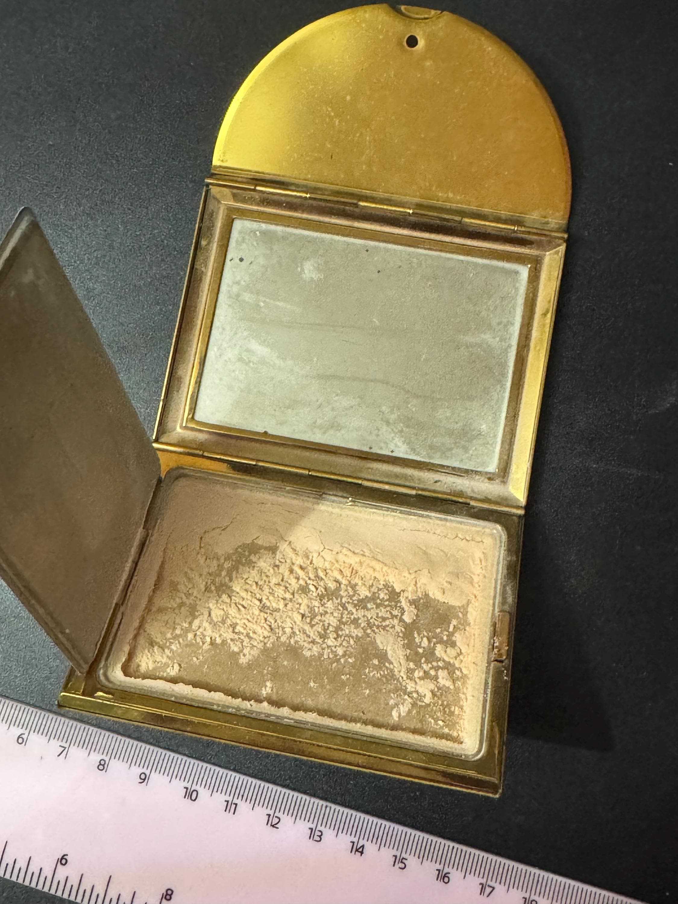 Vintage Cosmetics signed COTY gold tone novelty envelope powder compact case with mirror mid century