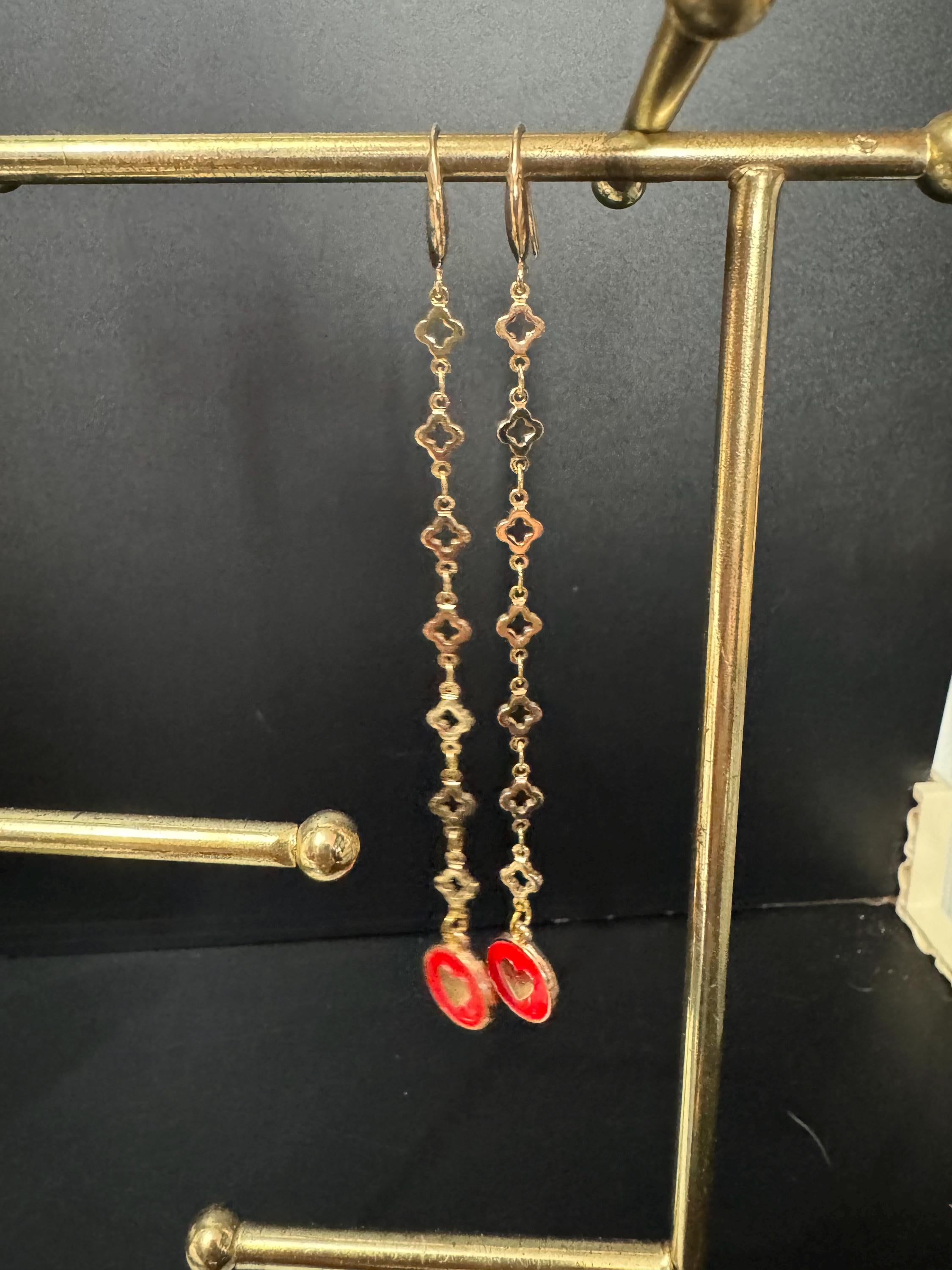 11cm long 18k Gold plated red enamel love heart fancy chain link earrings for pierced ears
