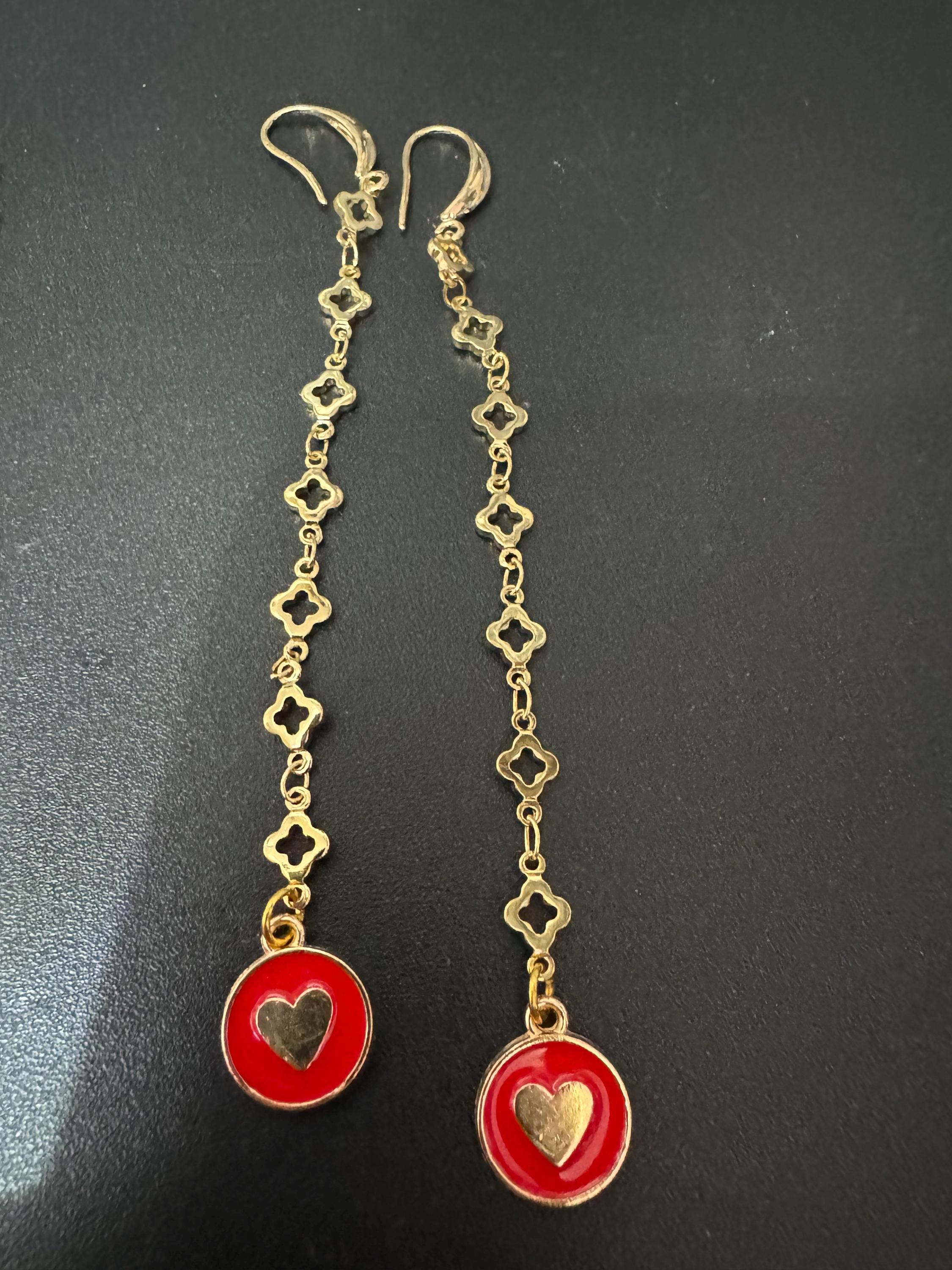 11cm long 18k Gold plated red enamel love heart fancy chain link earrings for pierced ears