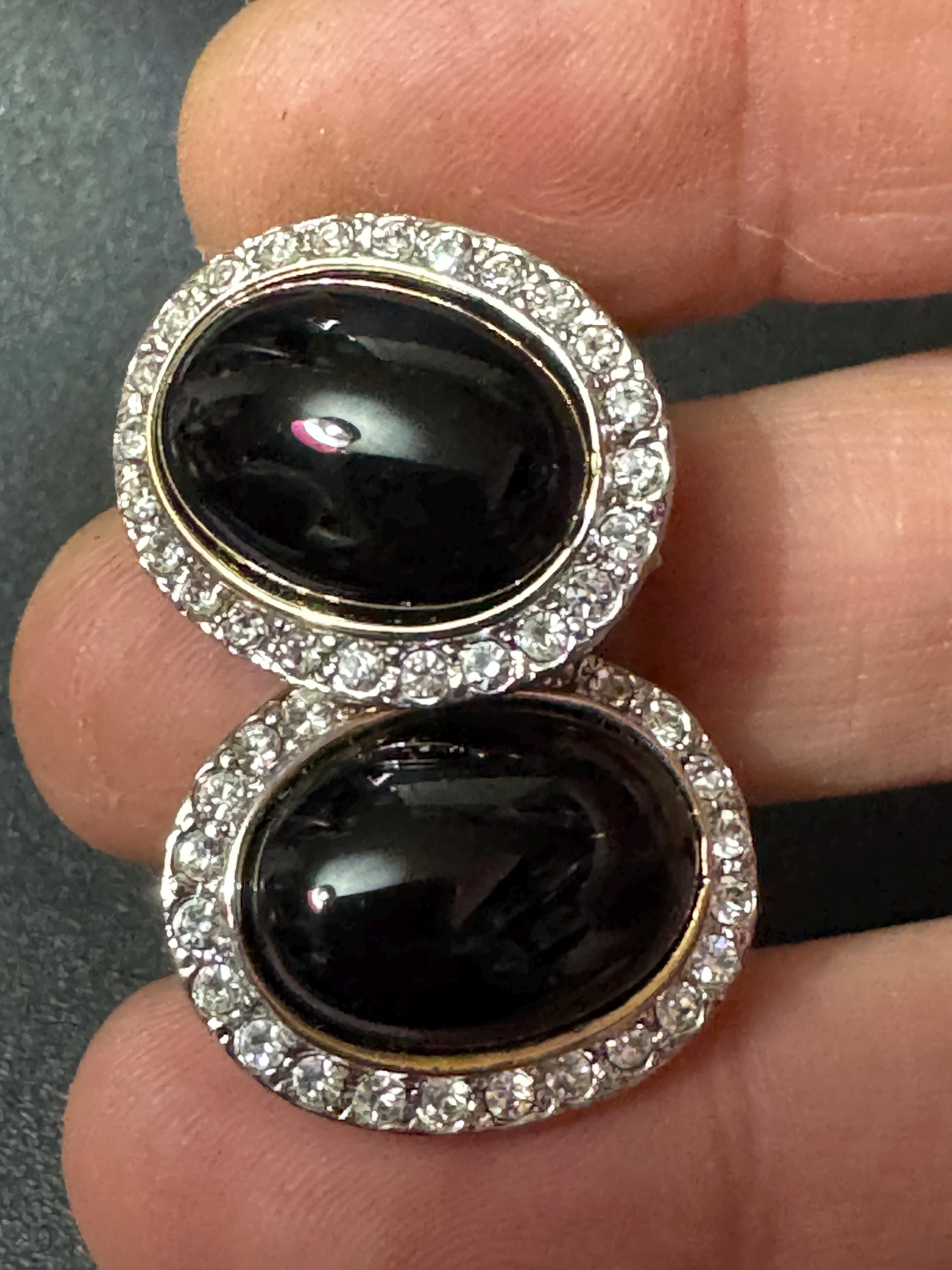 2.5cm retro silver tone black glass cabochon clear diamanté paste stud earrings pierced ears