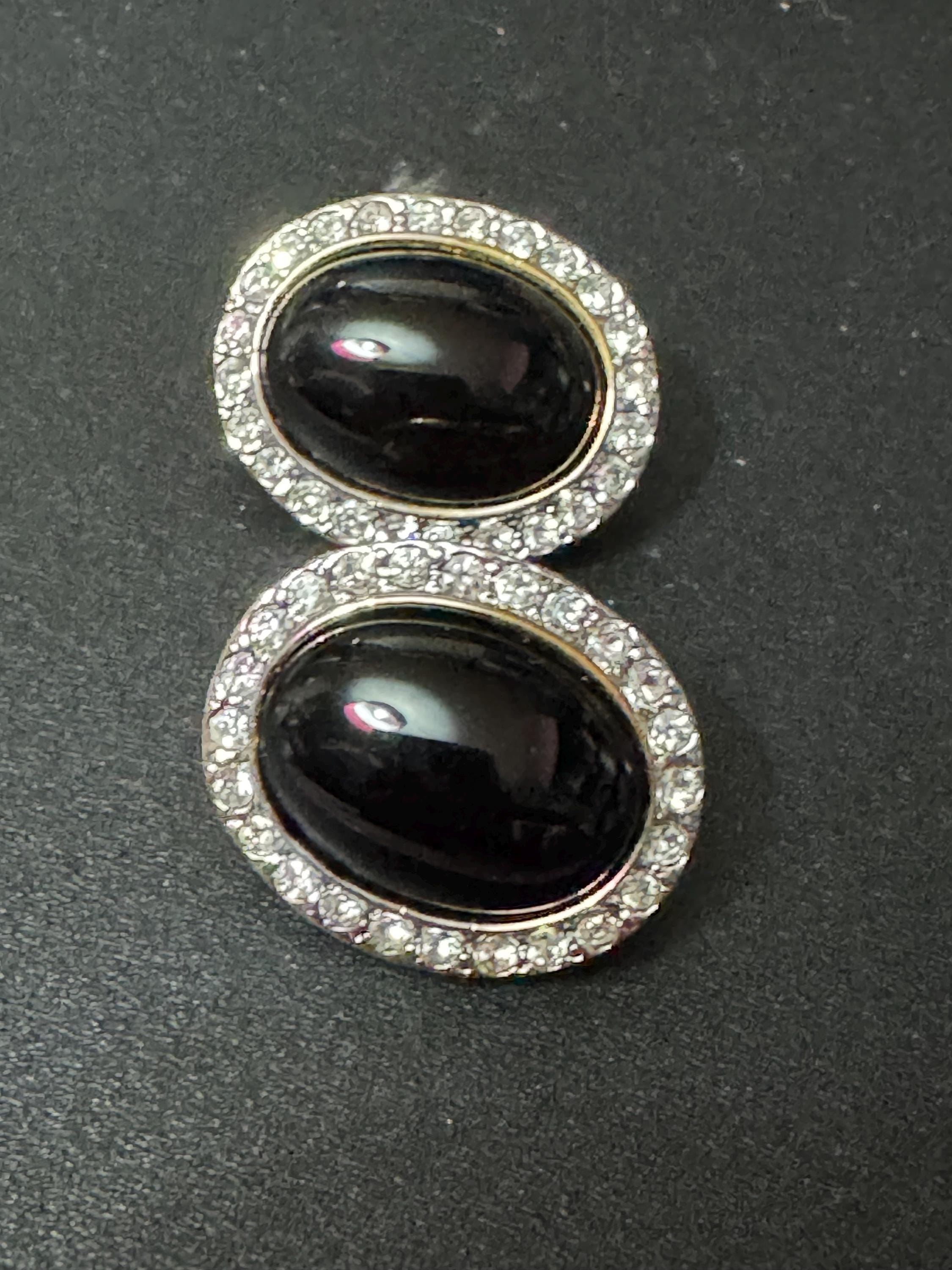 2.5cm retro silver tone black glass cabochon clear diamanté paste stud earrings pierced ears