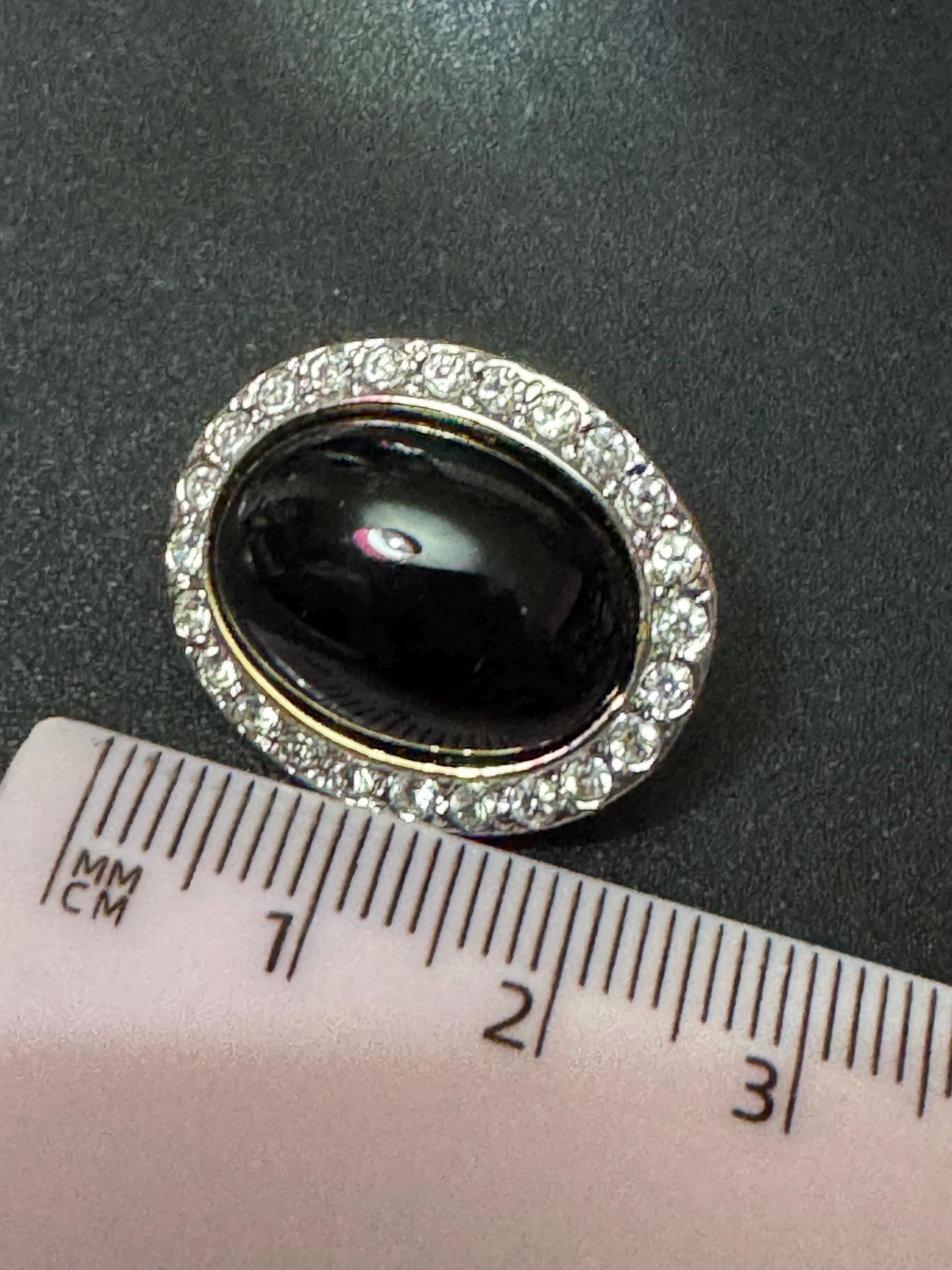 2.5cm retro silver tone black glass cabochon clear diamanté paste stud earrings pierced ears