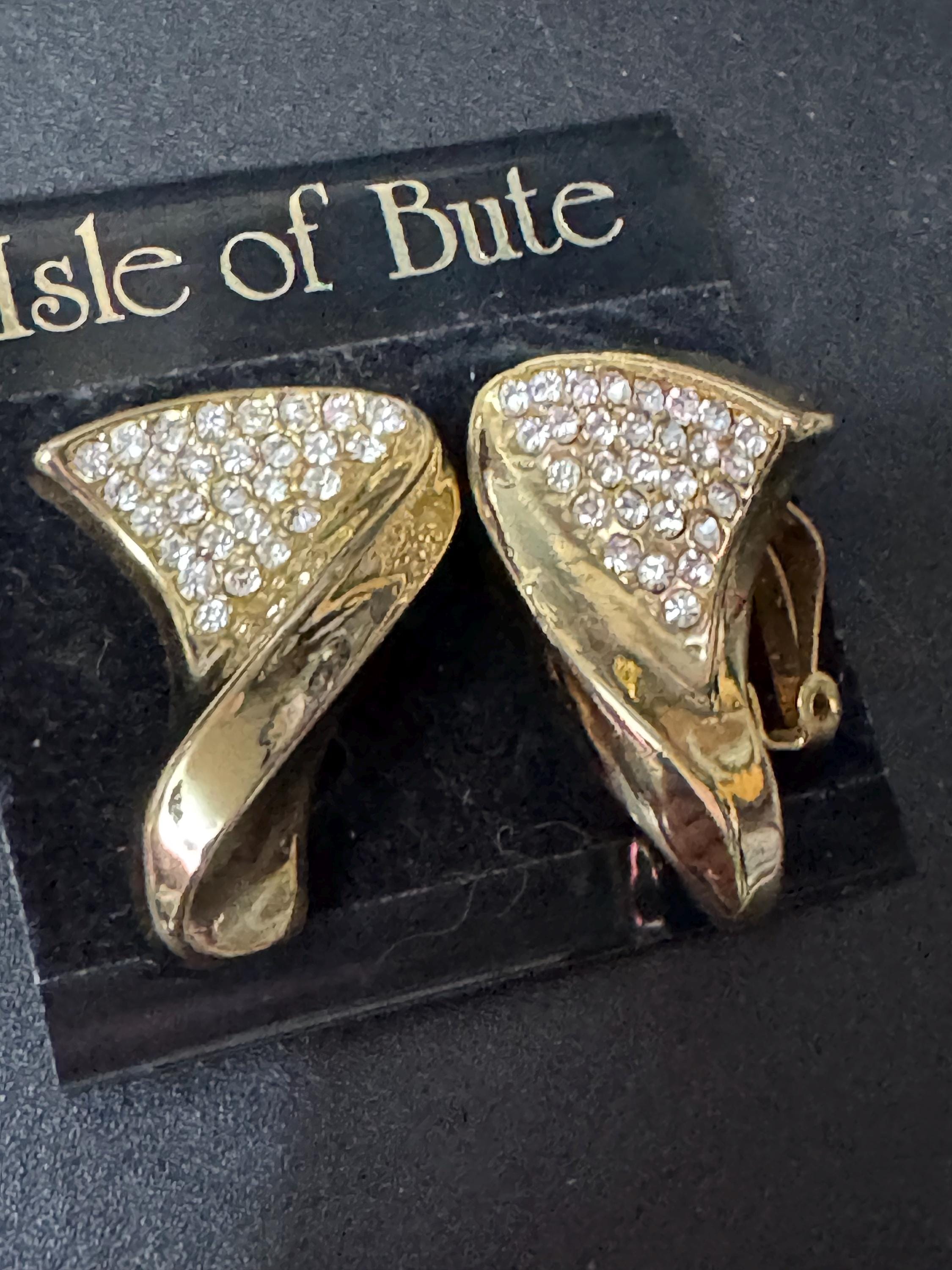Isle of Bute 3.5cm gold tone weighty clear diamanté abstract clip on earrings