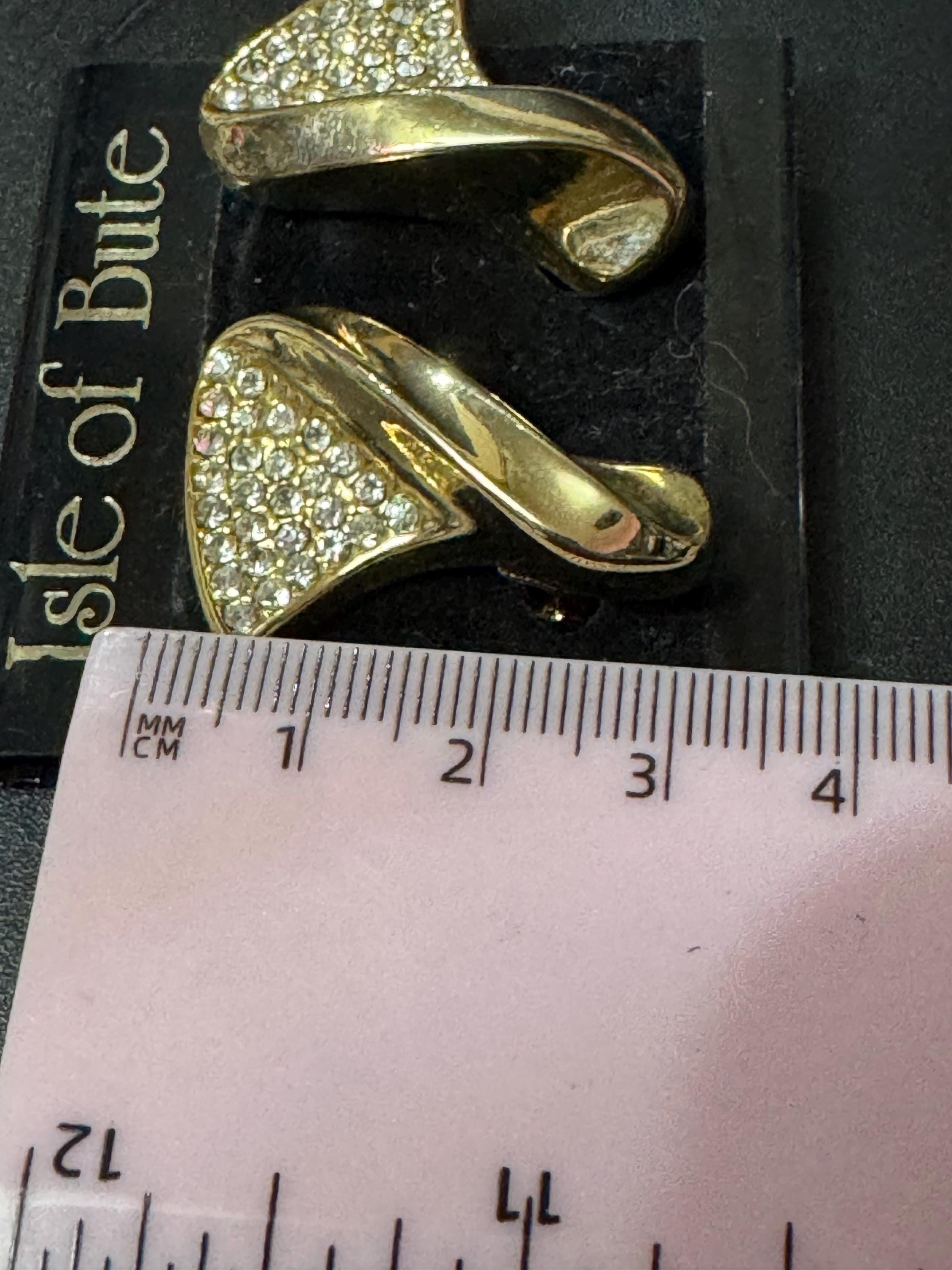 Isle of Bute 3.5cm gold tone weighty clear diamanté abstract clip on earrings